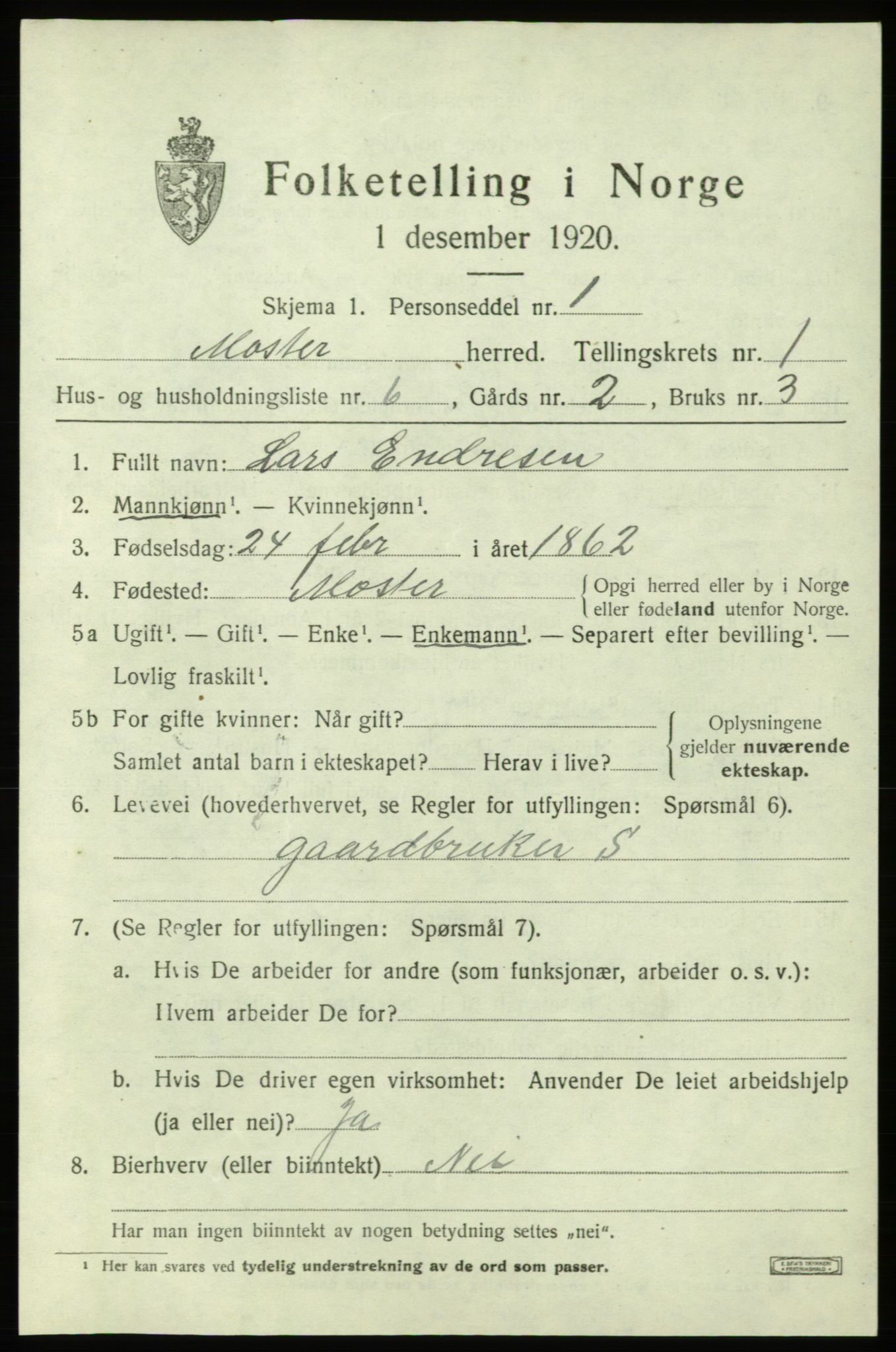 SAB, 1920 census for Moster, 1920, p. 519