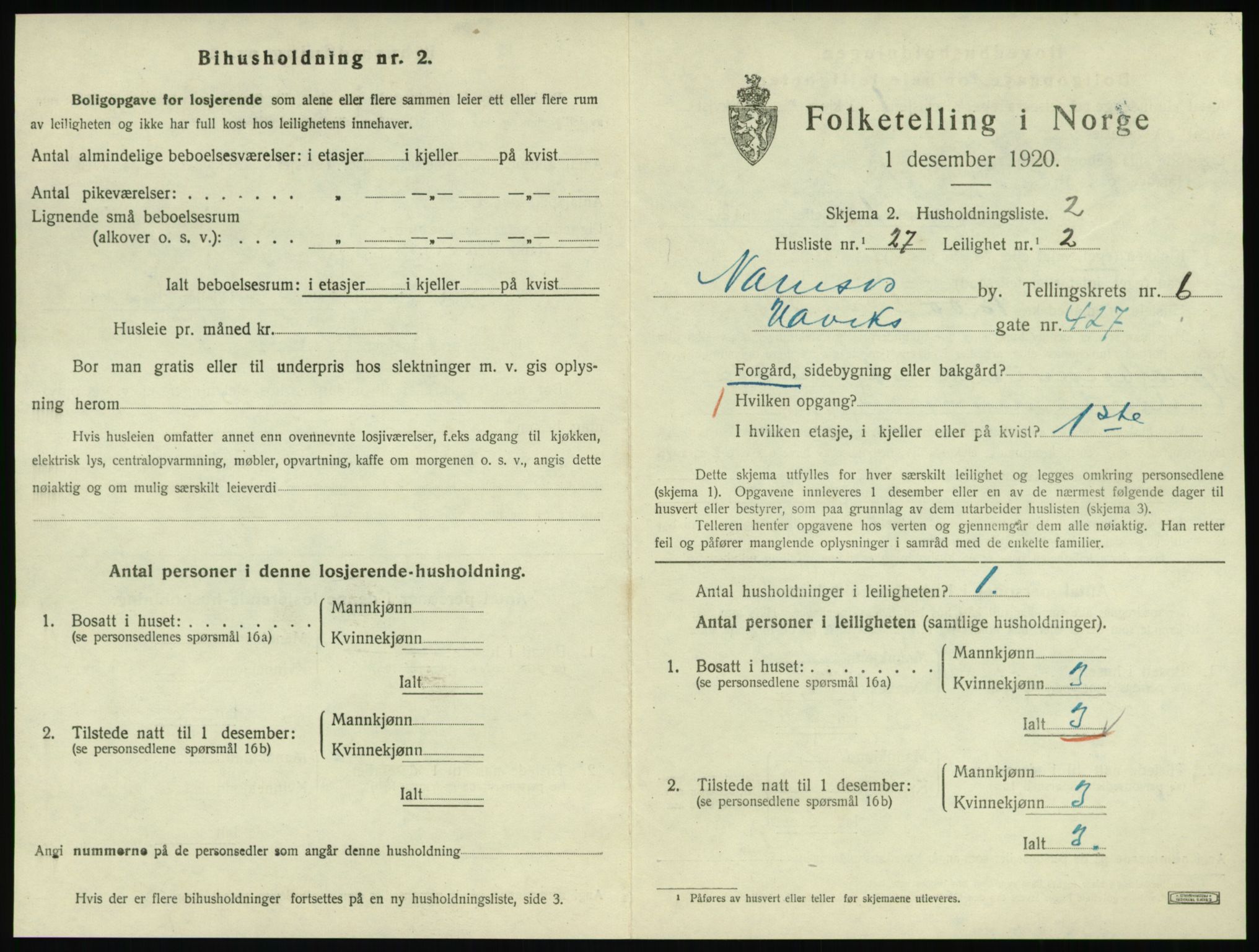 SAT, 1920 census for Namsos, 1920, p. 1877