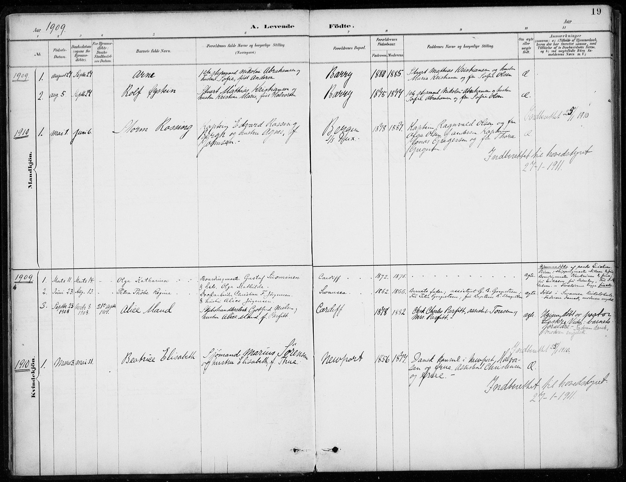 Den norske sjømannsmisjon i utlandet/Bristolhavnene(Cardiff-Swansea), SAB/SAB/PA-0102/H/Ha/Haa/L0002: Parish register (official) no. A 2, 1887-1932, p. 19