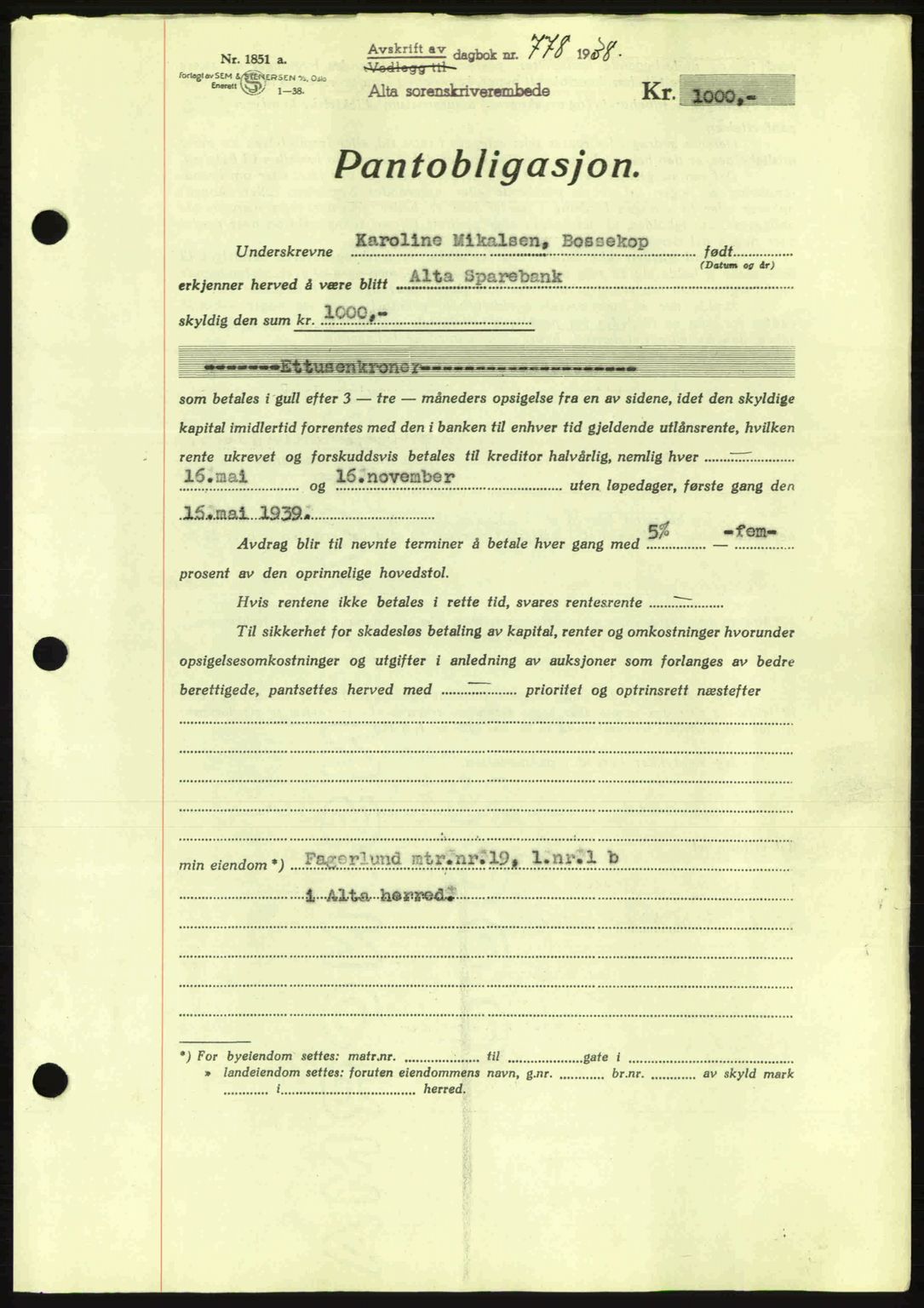 Alta fogderi/sorenskriveri, SATØ/SATØ-5/1/K/Kd/L0031pantebok: Mortgage book no. 31, 1938-1939, Diary no: : 778/1938