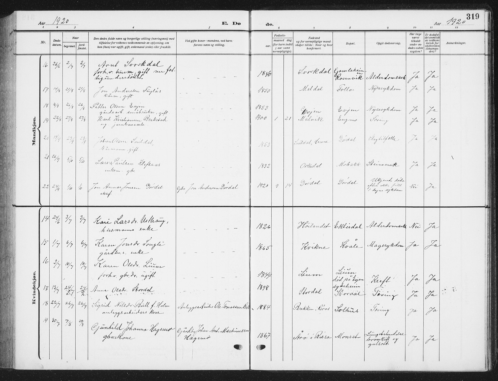 Ministerialprotokoller, klokkerbøker og fødselsregistre - Sør-Trøndelag, AV/SAT-A-1456/668/L0820: Parish register (copy) no. 668C09, 1912-1936, p. 319