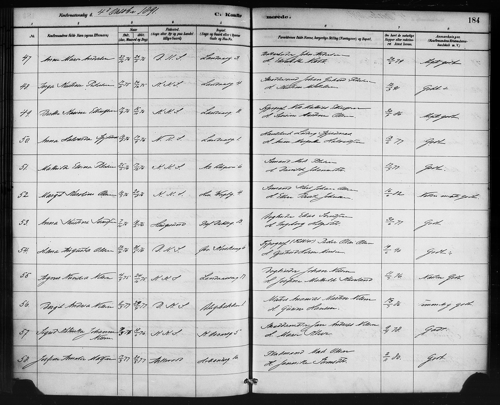 Korskirken sokneprestembete, AV/SAB-A-76101/H/Haa/L0029: Parish register (official) no. C 5, 1880-1892, p. 184