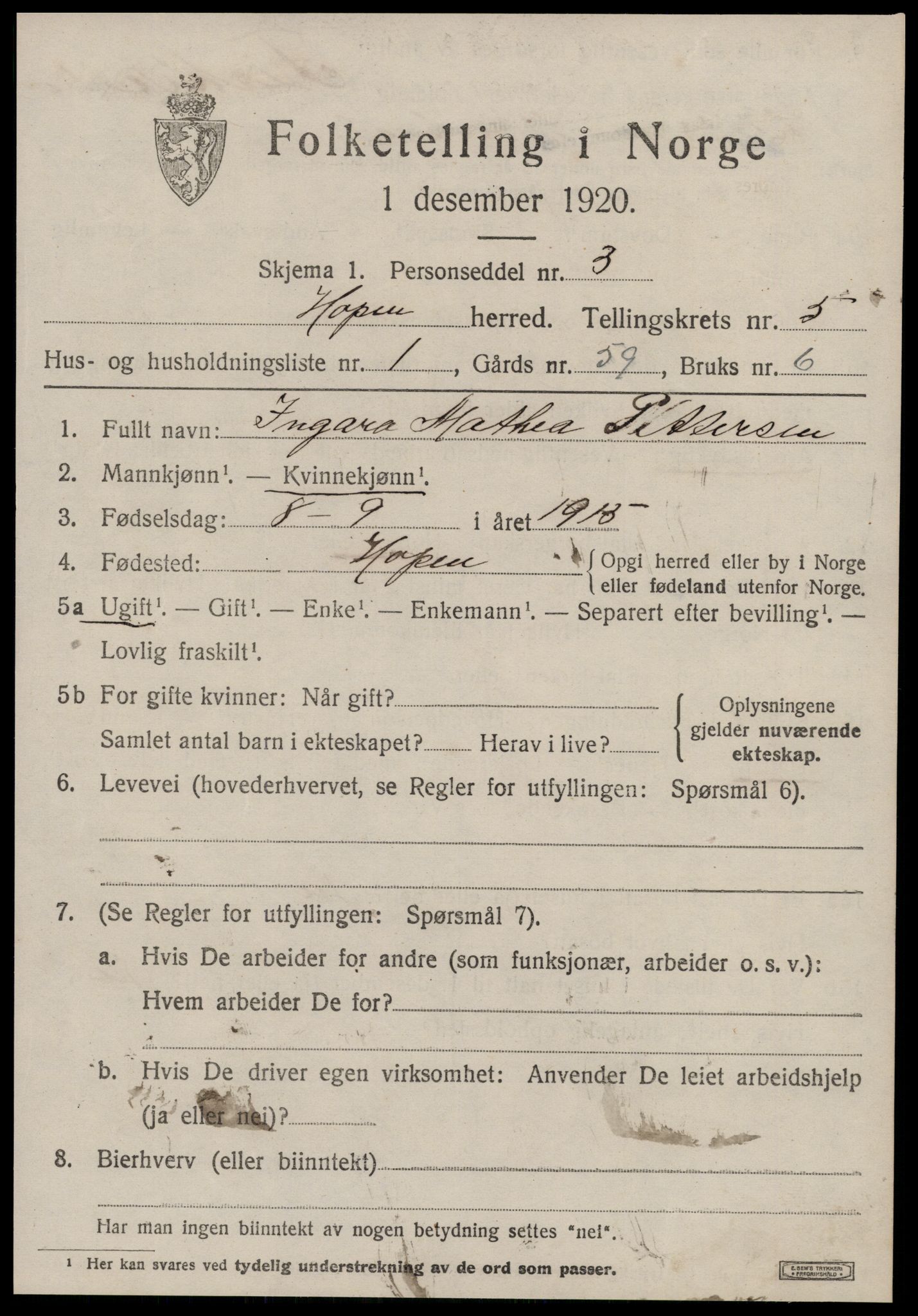 SAT, 1920 census for Hopen, 1920, p. 2356