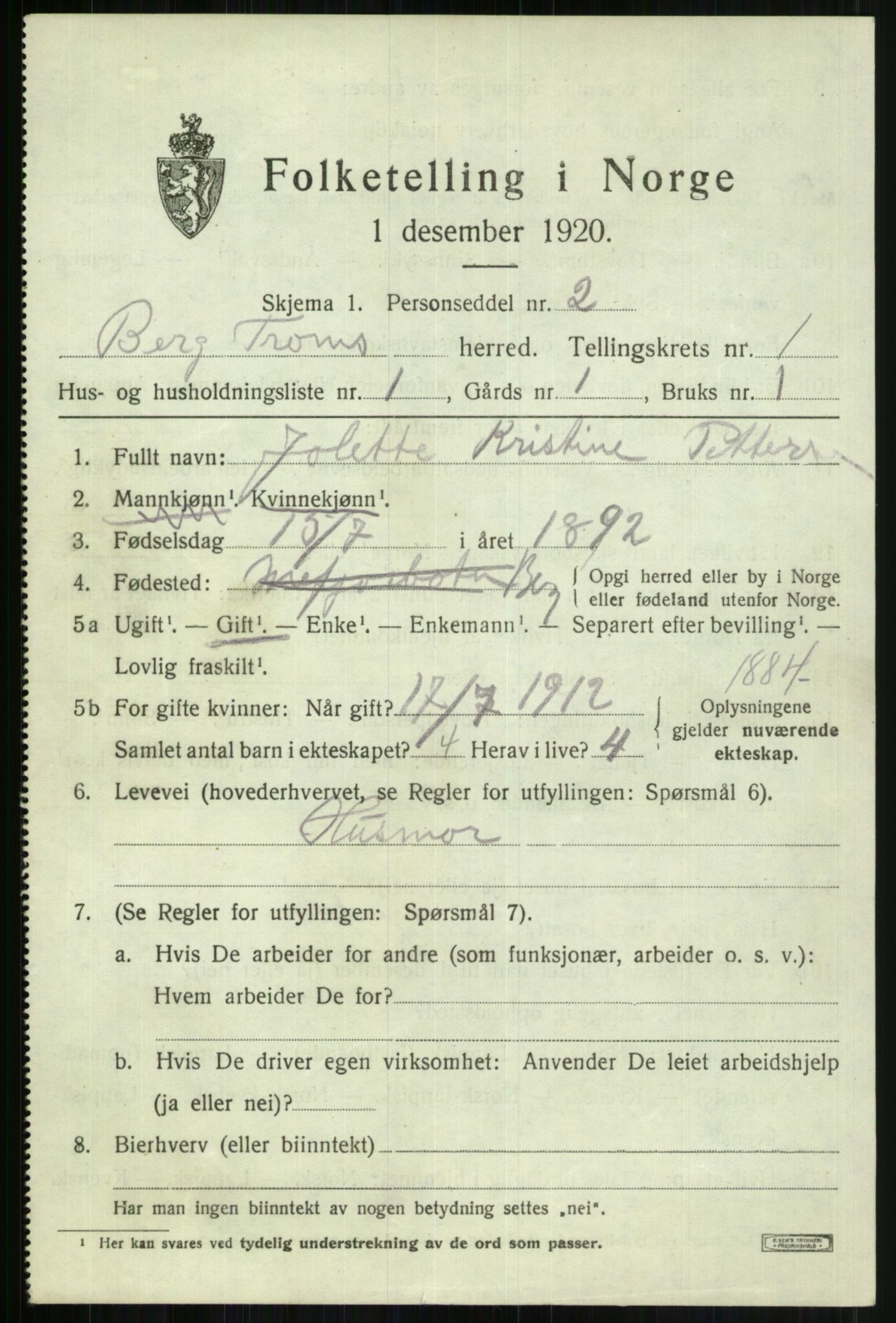 SATØ, 1920 census for Berg, 1920, p. 466