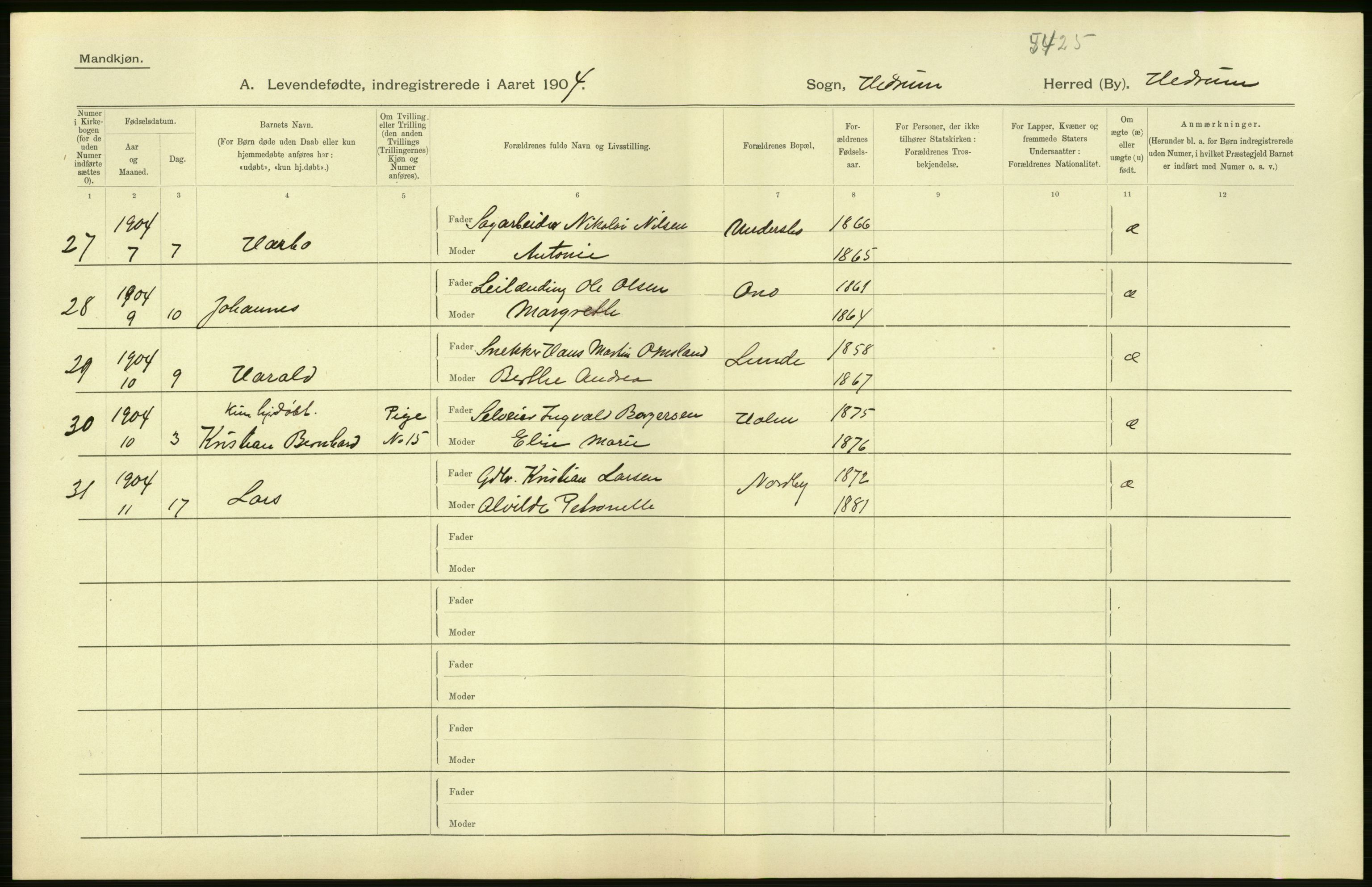 Statistisk sentralbyrå, Sosiodemografiske emner, Befolkning, AV/RA-S-2228/D/Df/Dfa/Dfab/L0008: Jarlsberg og Larvig amt: Fødte, gifte, døde, 1904, p. 44