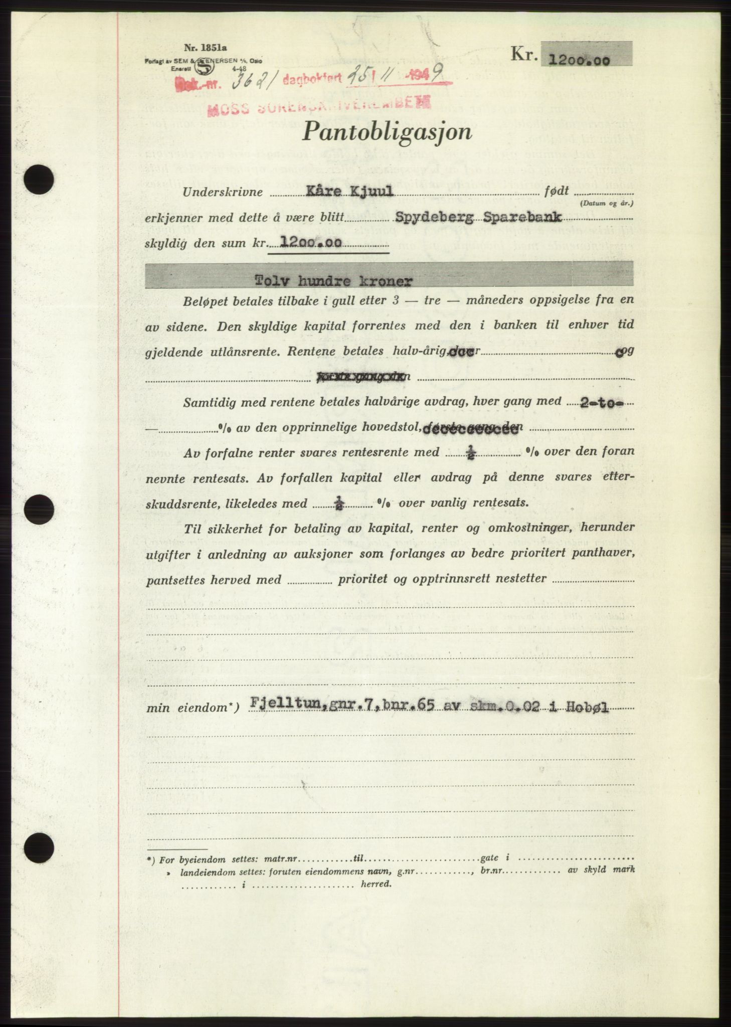 Moss sorenskriveri, SAO/A-10168: Mortgage book no. B23, 1949-1950, Diary no: : 3621/1949