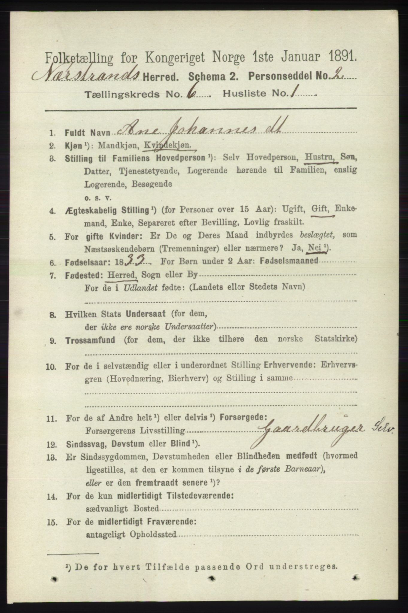 RA, 1891 census for 1139 Nedstrand, 1891, p. 1026