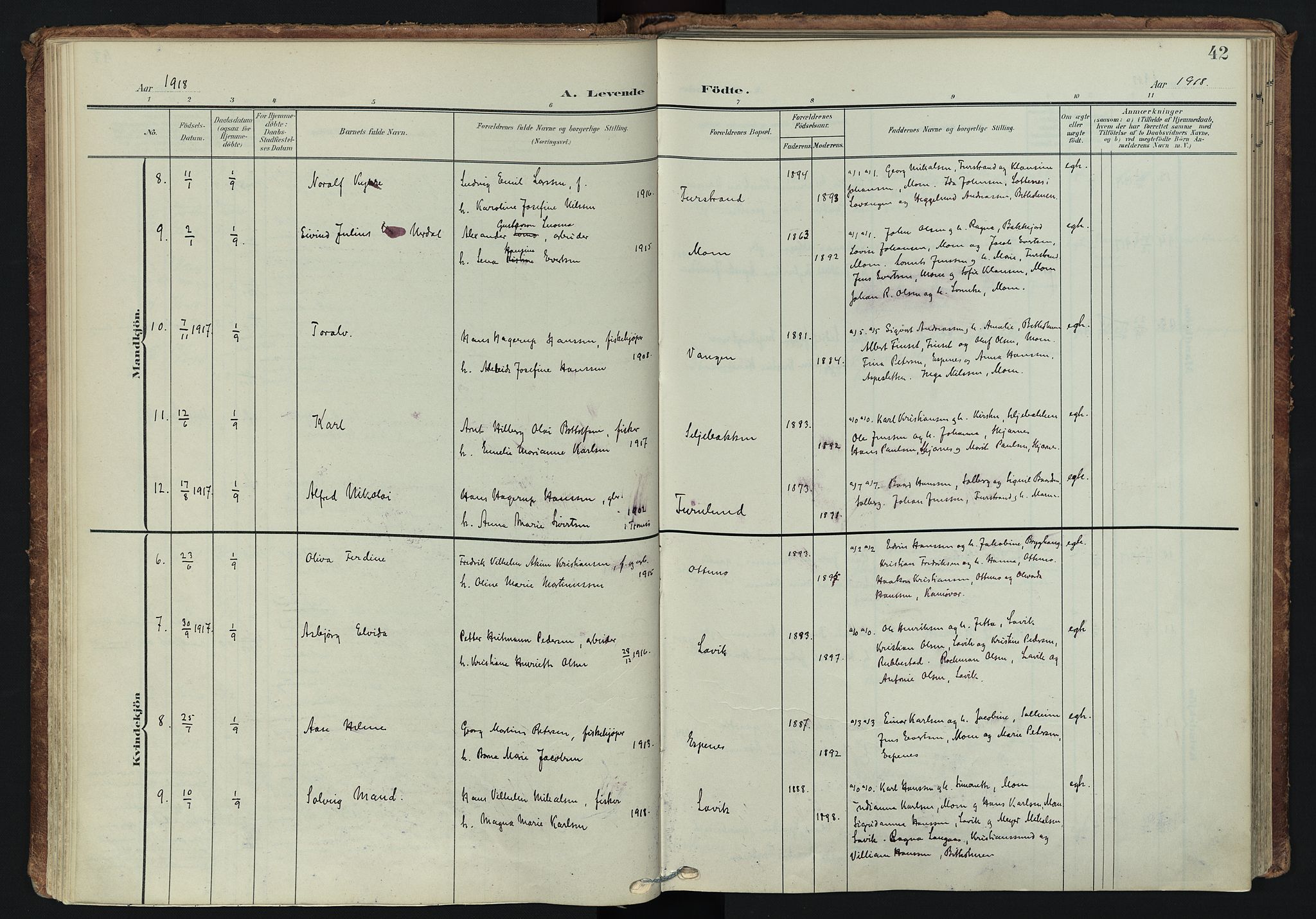 Tranøy sokneprestkontor, SATØ/S-1313/I/Ia/Iaa/L0014kirke: Parish register (official) no. 14, 1905-1919, p. 42