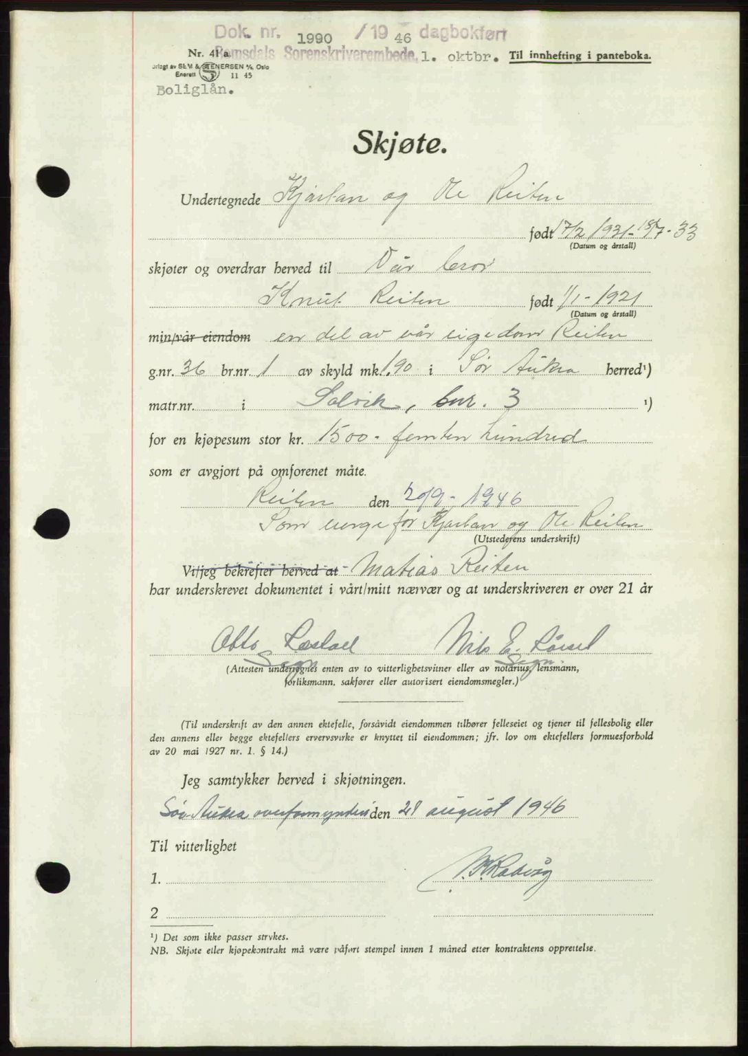 Romsdal sorenskriveri, AV/SAT-A-4149/1/2/2C: Mortgage book no. A21, 1946-1946, Diary no: : 1990/1946