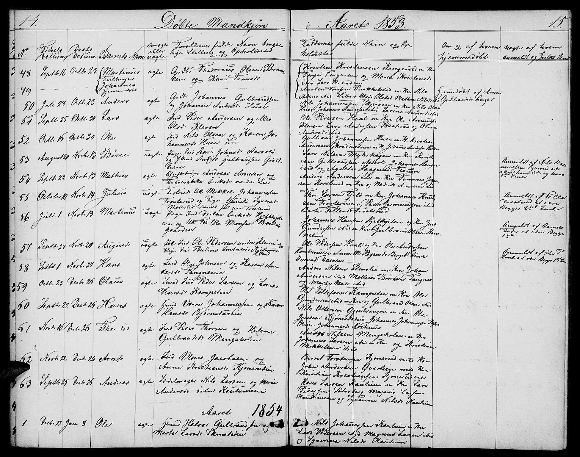 Nes prestekontor, Hedmark, AV/SAH-PREST-020/L/La/L0005: Parish register (copy) no. 5, 1852-1889, p. 14-15