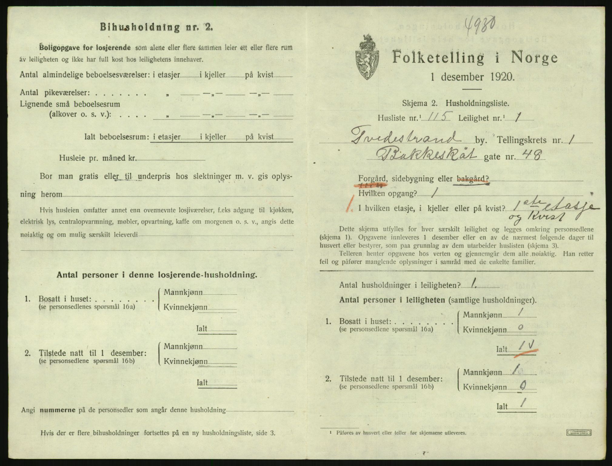 SAK, 1920 census for Tvedestrand, 1920, p. 895