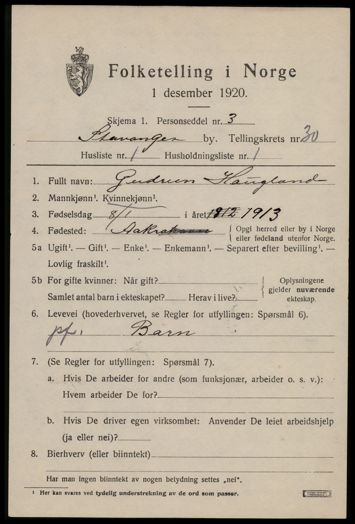 SAST, 1920 census for Stavanger, 1920, p. 84970