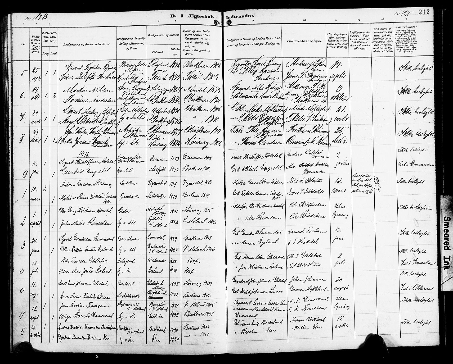 Birkenes sokneprestkontor, SAK/1111-0004/F/Fb/L0004: Parish register (copy) no. B 4, 1893-1930, p. 212