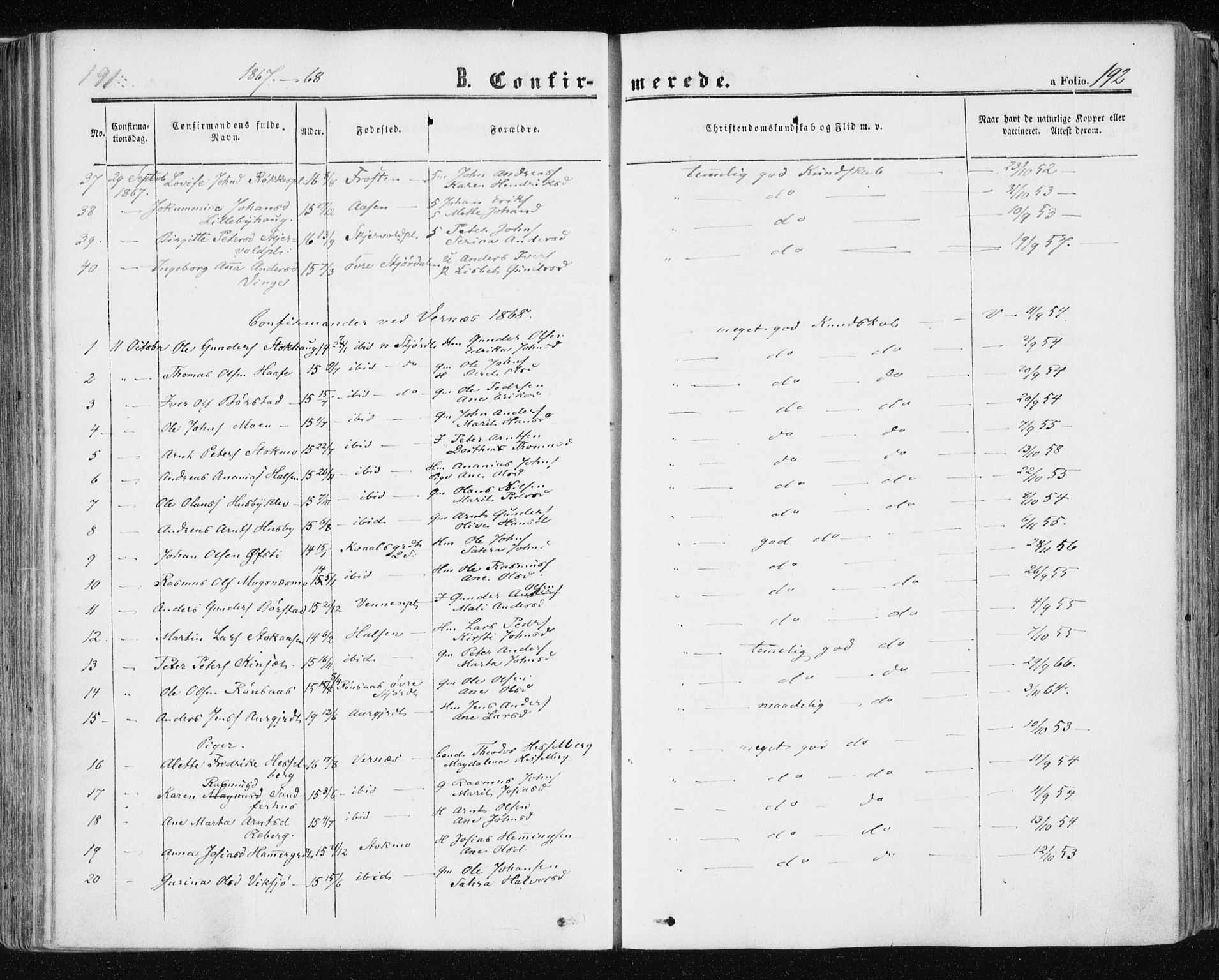 Ministerialprotokoller, klokkerbøker og fødselsregistre - Nord-Trøndelag, AV/SAT-A-1458/709/L0075: Parish register (official) no. 709A15, 1859-1870, p. 192