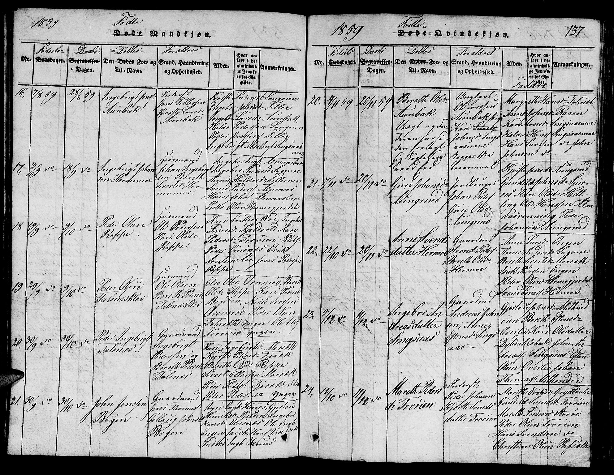 Ministerialprotokoller, klokkerbøker og fødselsregistre - Sør-Trøndelag, SAT/A-1456/688/L1026: Parish register (copy) no. 688C01, 1817-1860, p. 137