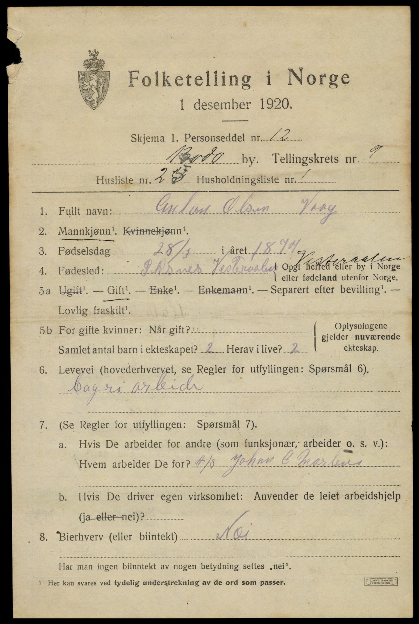 SAT, 1920 census for Bodø, 1920, p. 13319