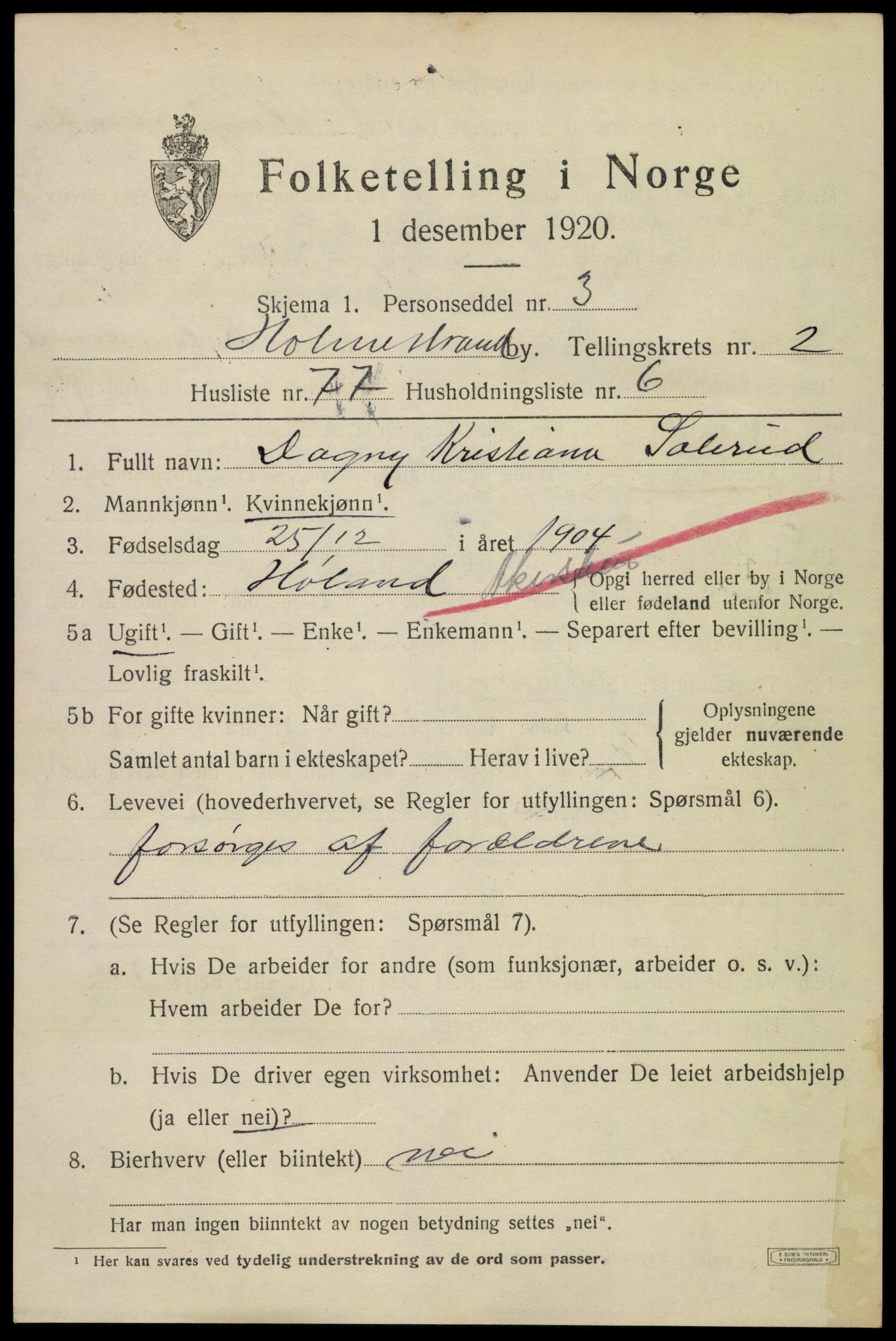 SAKO, 1920 census for Holmestrand, 1920, p. 3224