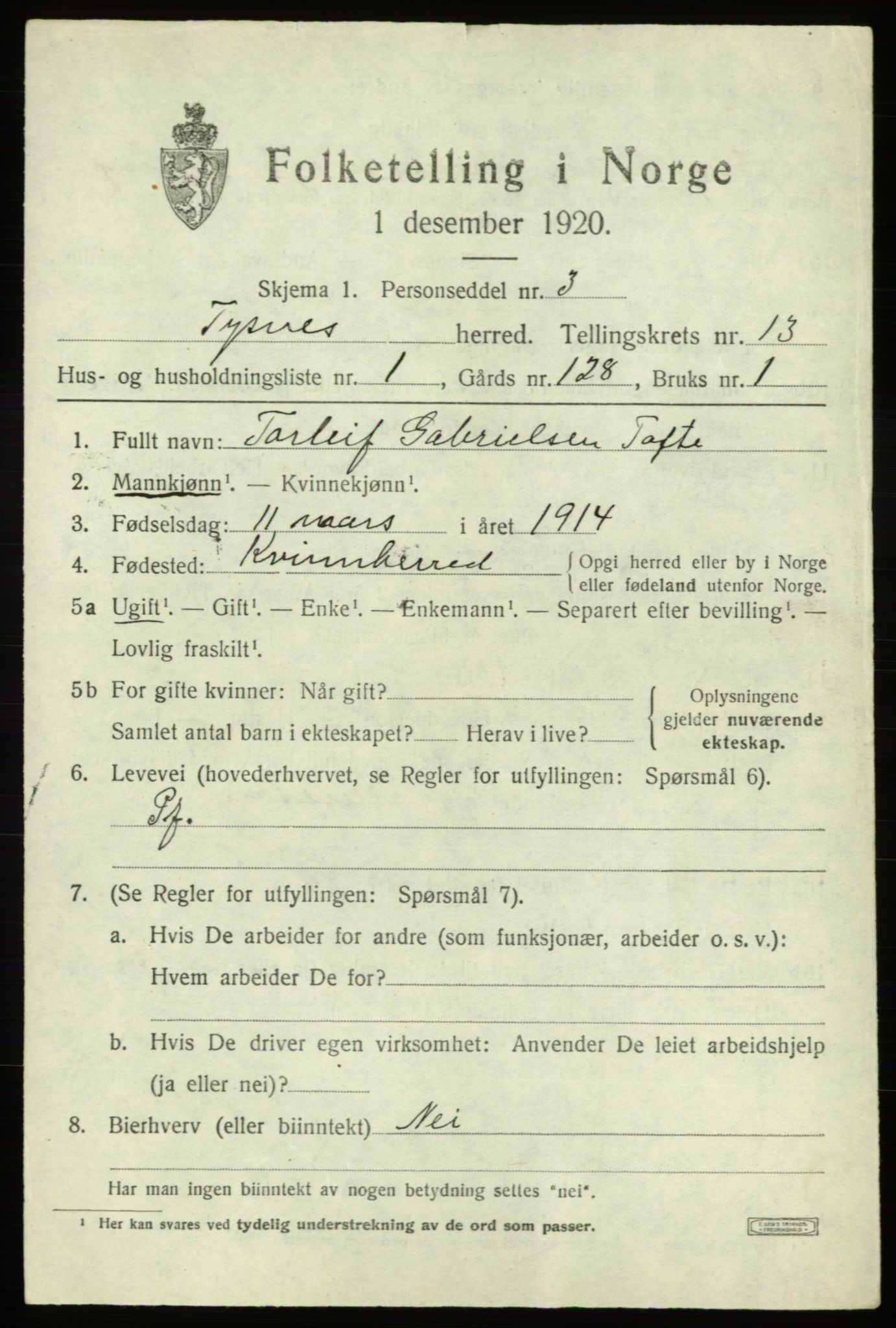 SAB, 1920 census for Tysnes, 1920, p. 8556