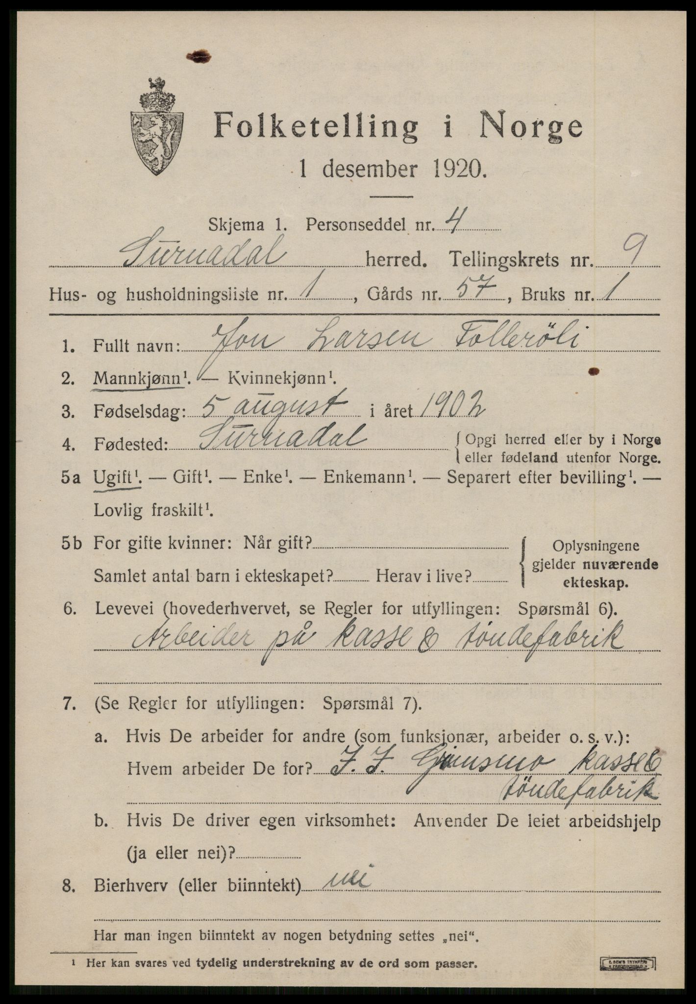 SAT, 1920 census for Surnadal, 1920, p. 6363