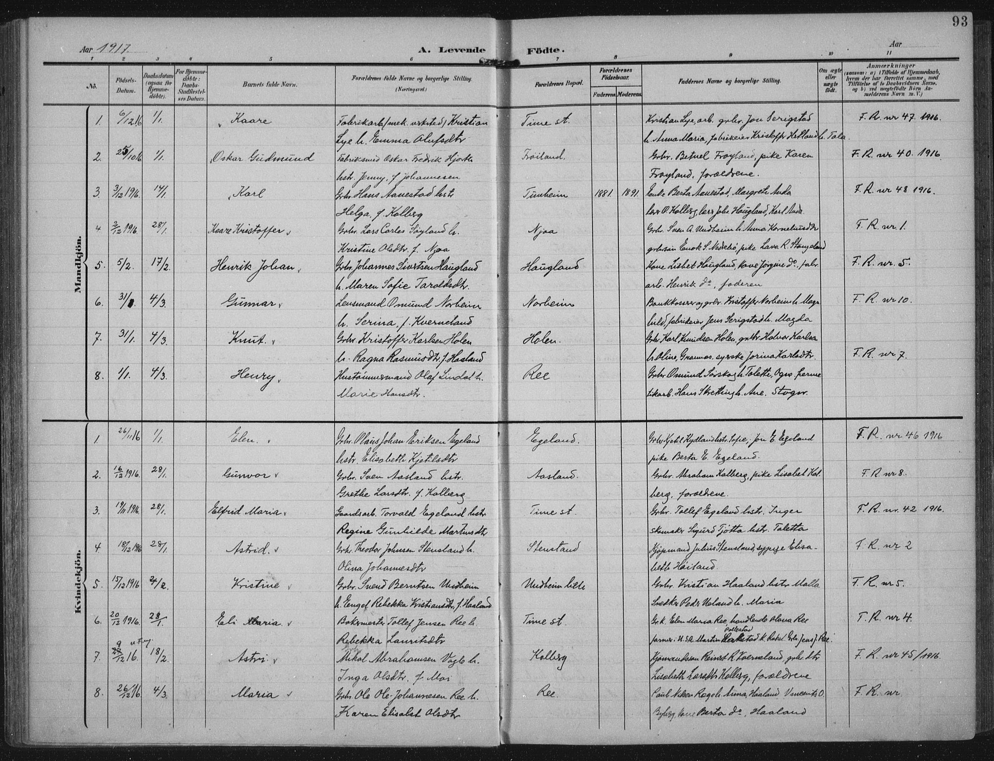 Lye sokneprestkontor, SAST/A-101794/002/A/L0001: Parish register (official) no. A 12, 1904-1920, p. 93