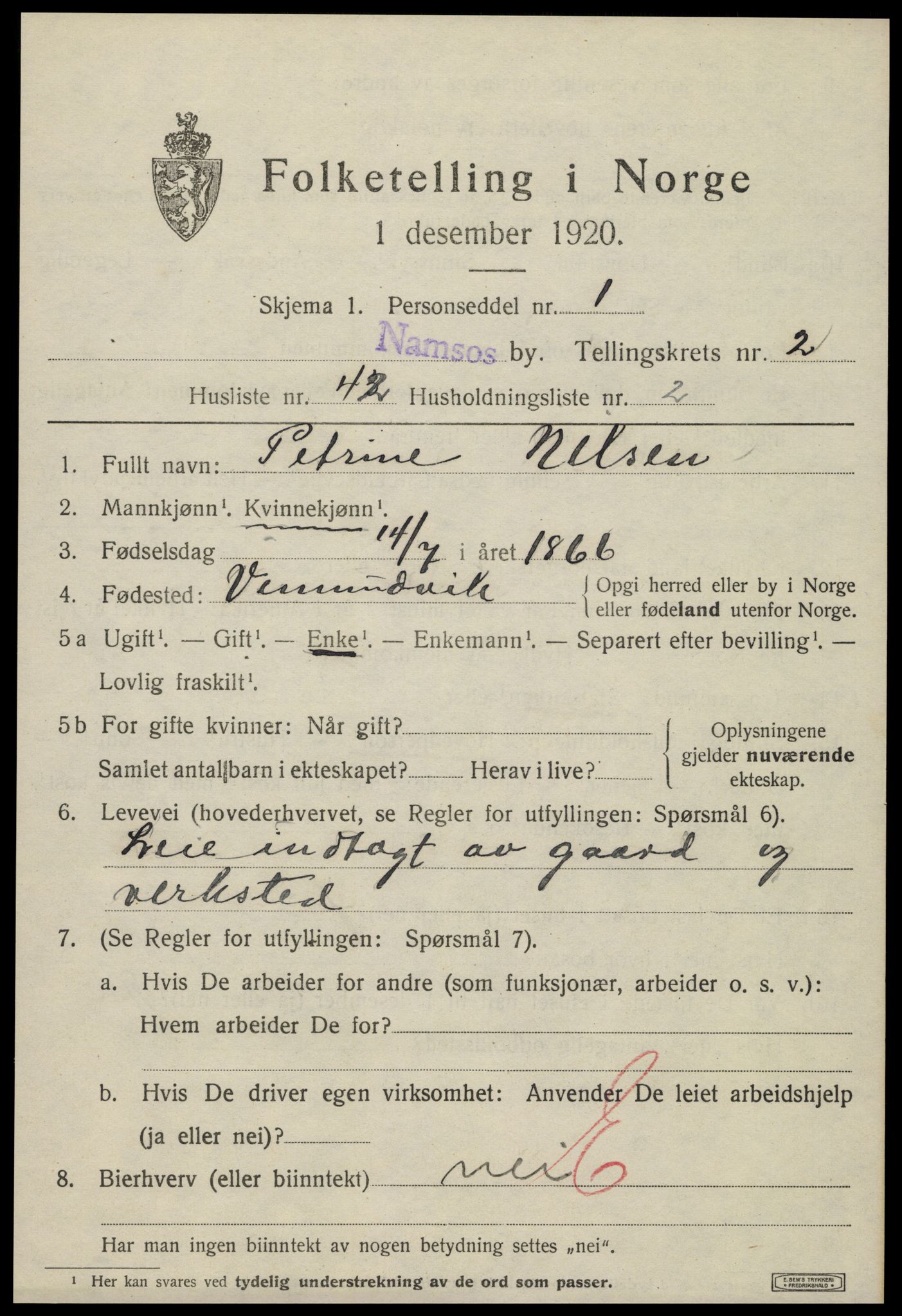 SAT, 1920 census for Namsos, 1920, p. 3707