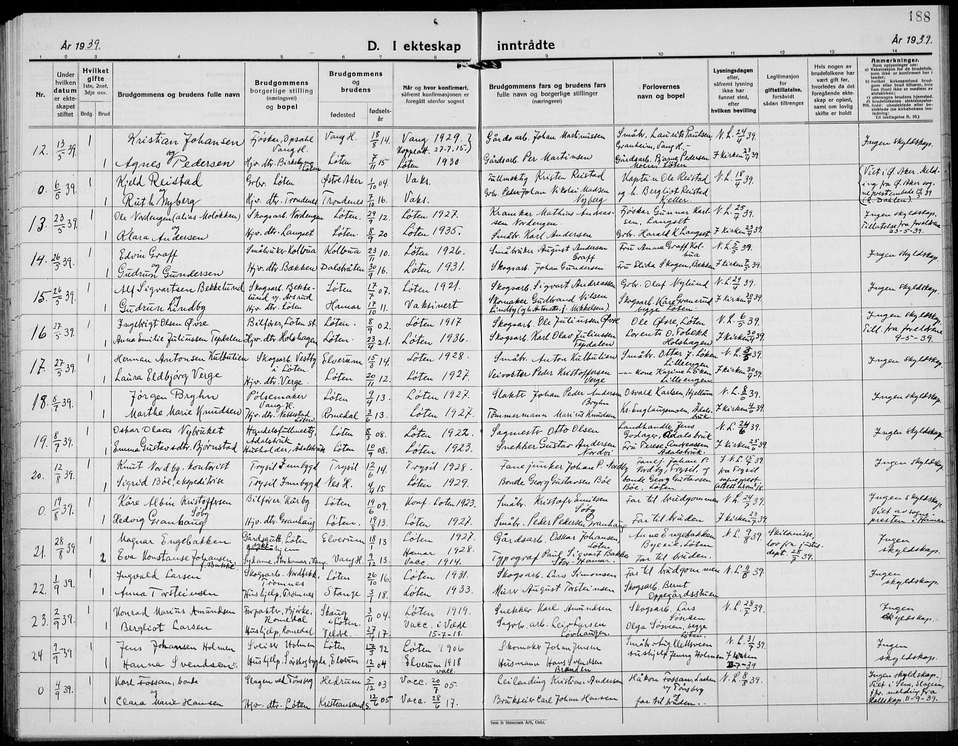 Løten prestekontor, AV/SAH-PREST-022/L/La/L0009: Parish register (copy) no. 9, 1930-1939, p. 188