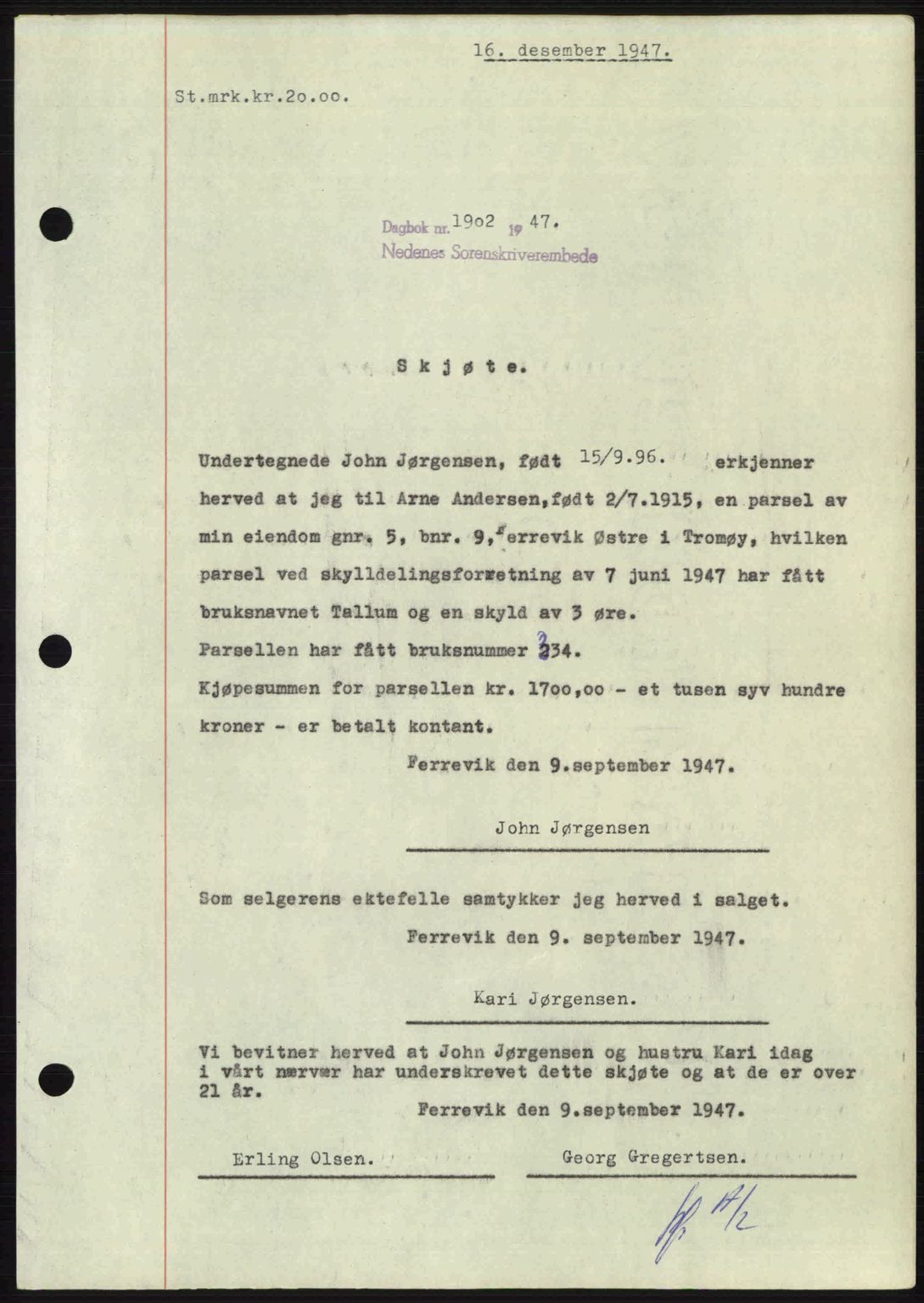 Nedenes sorenskriveri, SAK/1221-0006/G/Gb/Gba/L0058: Mortgage book no. A10, 1947-1948, Diary no: : 1902/1947