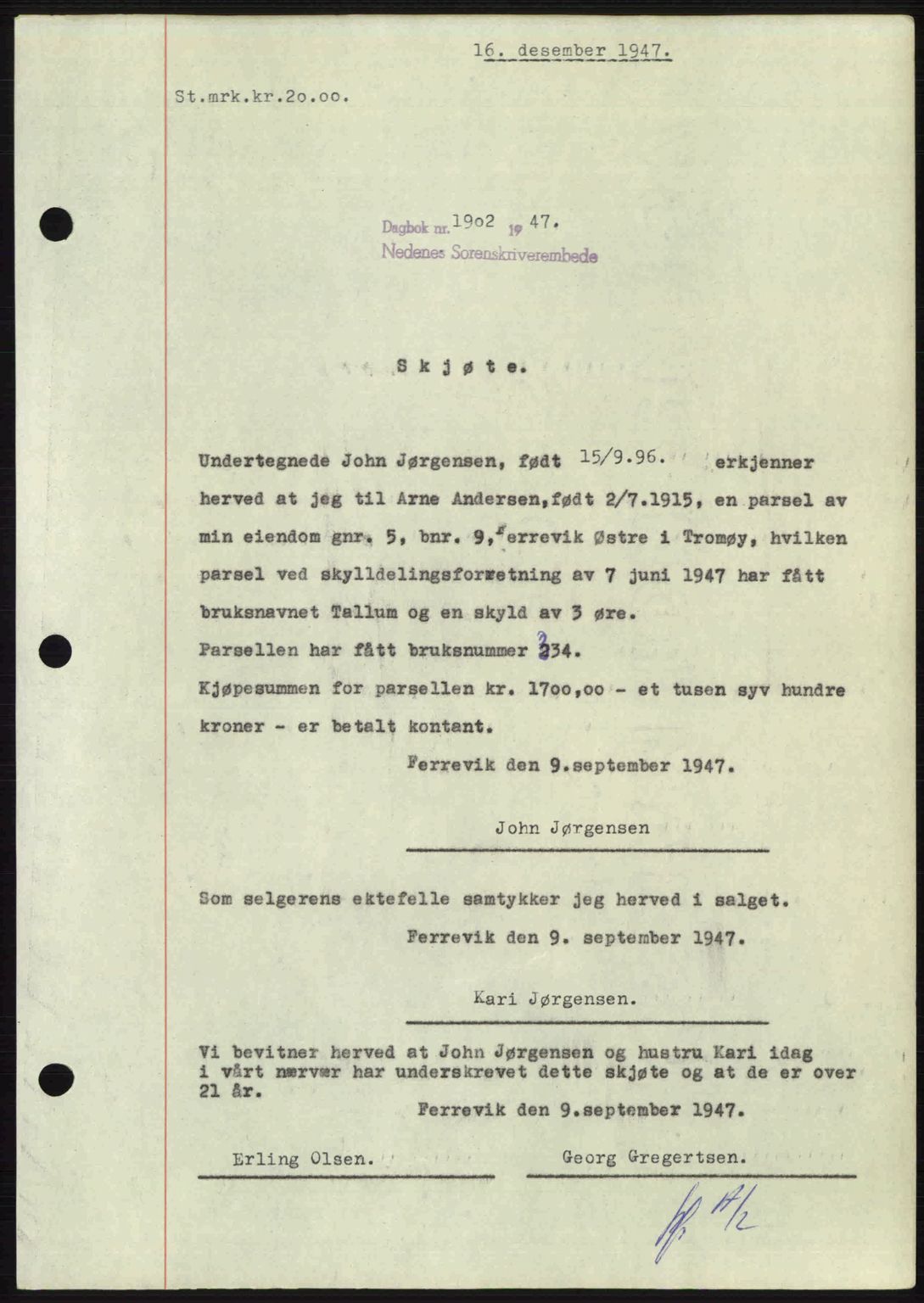 Nedenes sorenskriveri, AV/SAK-1221-0006/G/Gb/Gba/L0058: Mortgage book no. A10, 1947-1948, Diary no: : 1902/1947