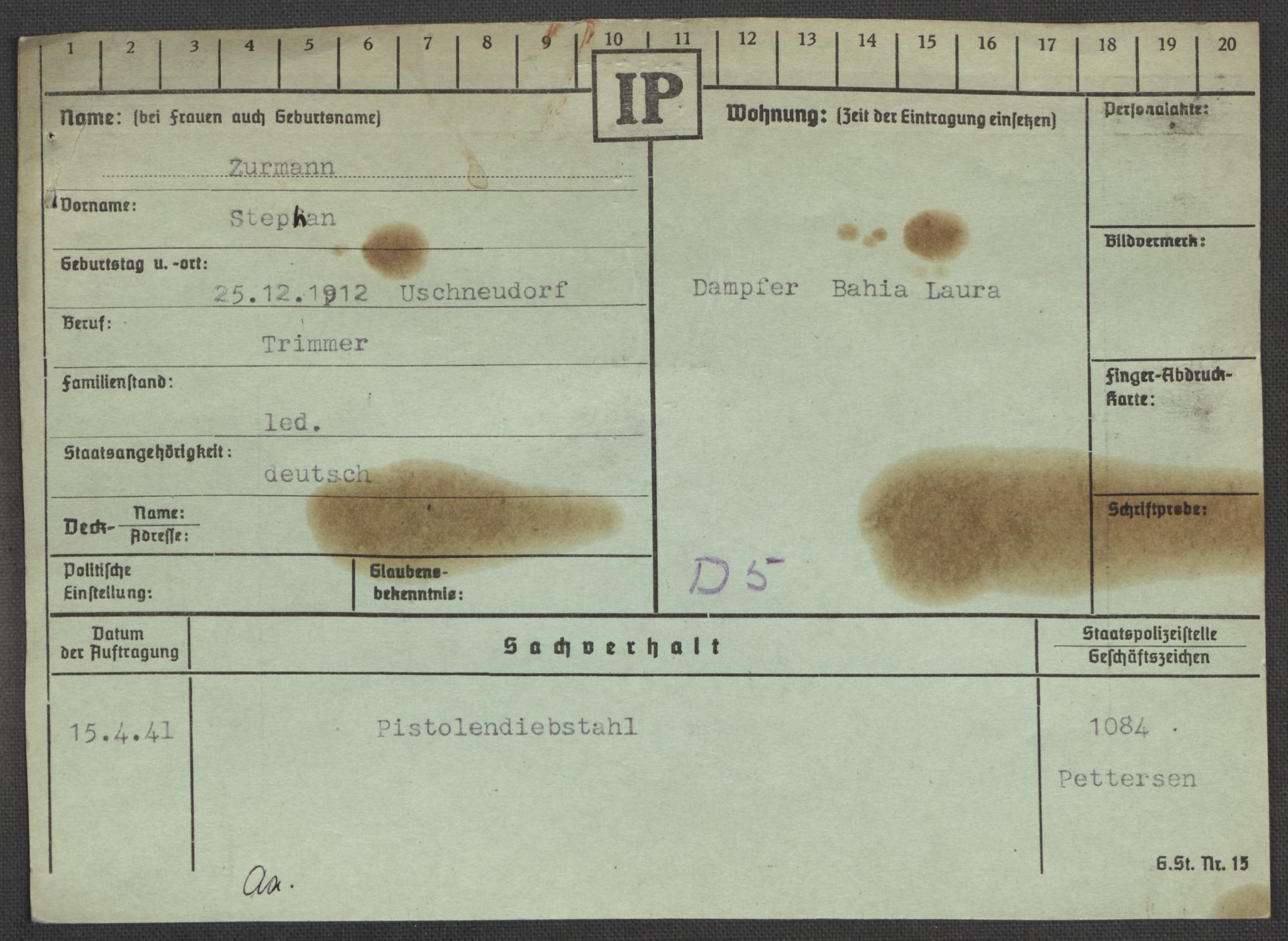 Befehlshaber der Sicherheitspolizei und des SD, RA/RAFA-5969/E/Ea/Eaa/L0010: Register over norske fanger i Møllergata 19: Sø-Å, 1940-1945, p. 1196