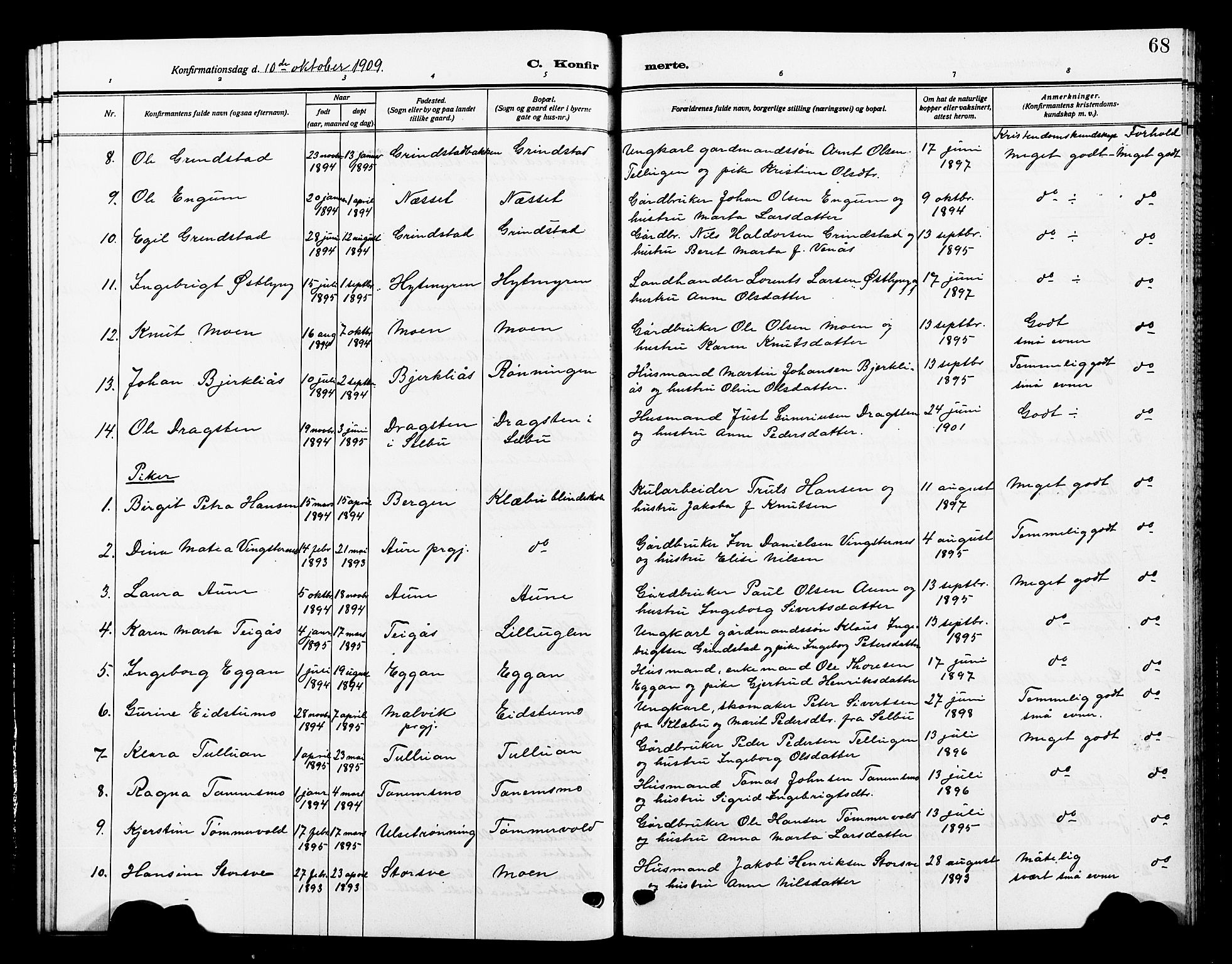 Ministerialprotokoller, klokkerbøker og fødselsregistre - Sør-Trøndelag, SAT/A-1456/618/L0453: Parish register (copy) no. 618C04, 1907-1925, p. 68