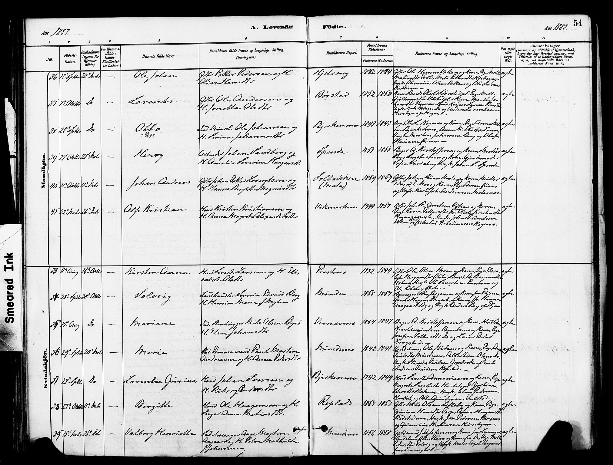 Ministerialprotokoller, klokkerbøker og fødselsregistre - Nord-Trøndelag, AV/SAT-A-1458/709/L0077: Parish register (official) no. 709A17, 1880-1895, p. 54