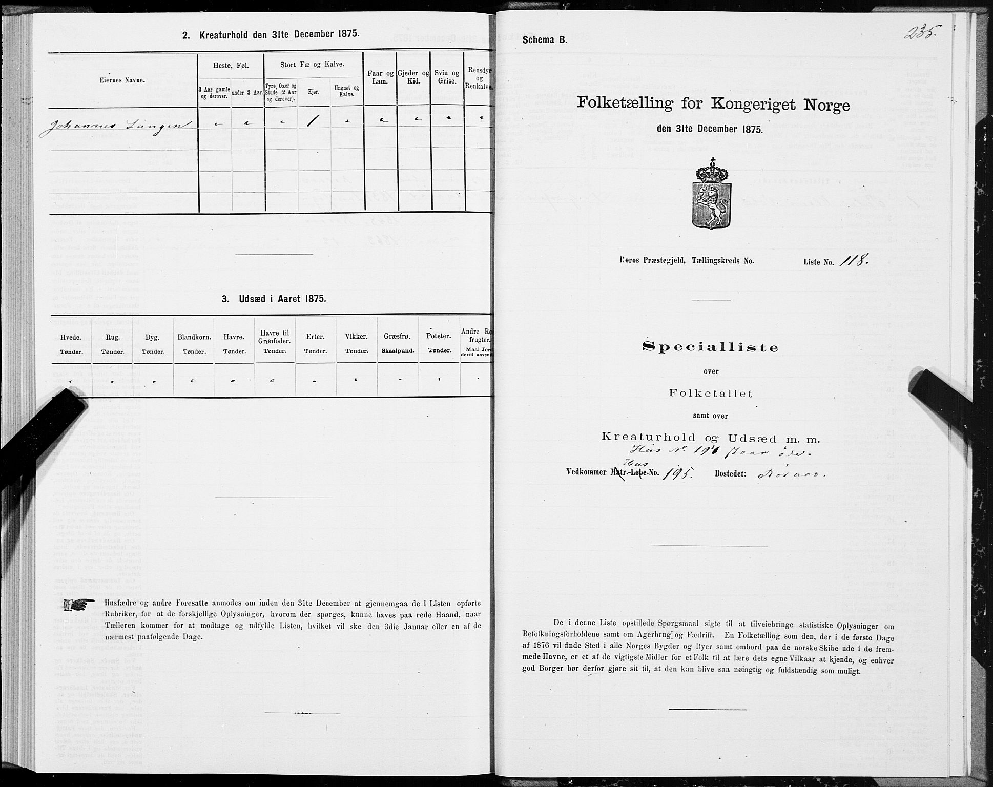 SAT, 1875 census for 1640P Røros, 1875, p. 2235