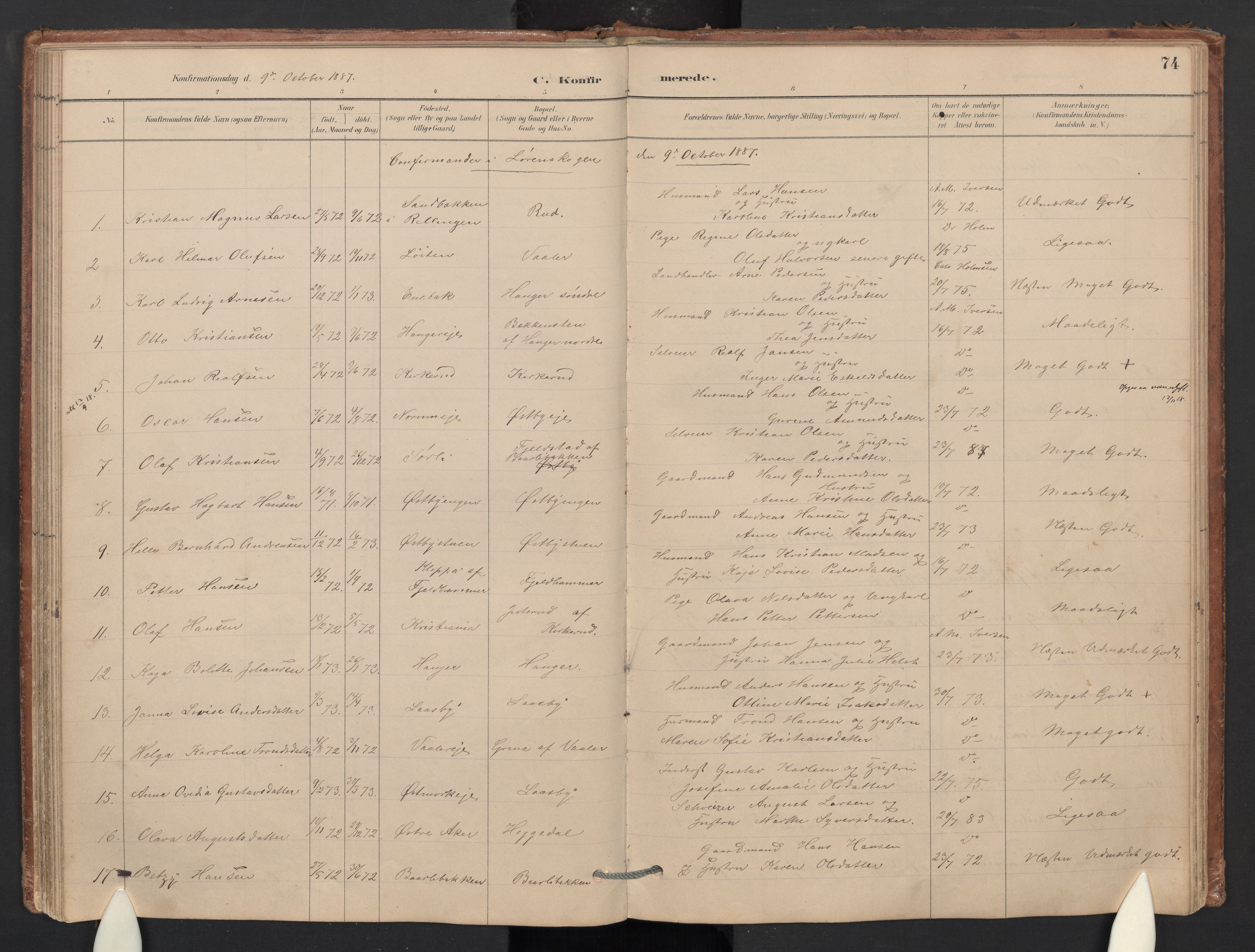 Skedsmo prestekontor Kirkebøker, SAO/A-10033a/G/Gb/L0001: Parish register (copy) no. II 1, 1883-1903, p. 74