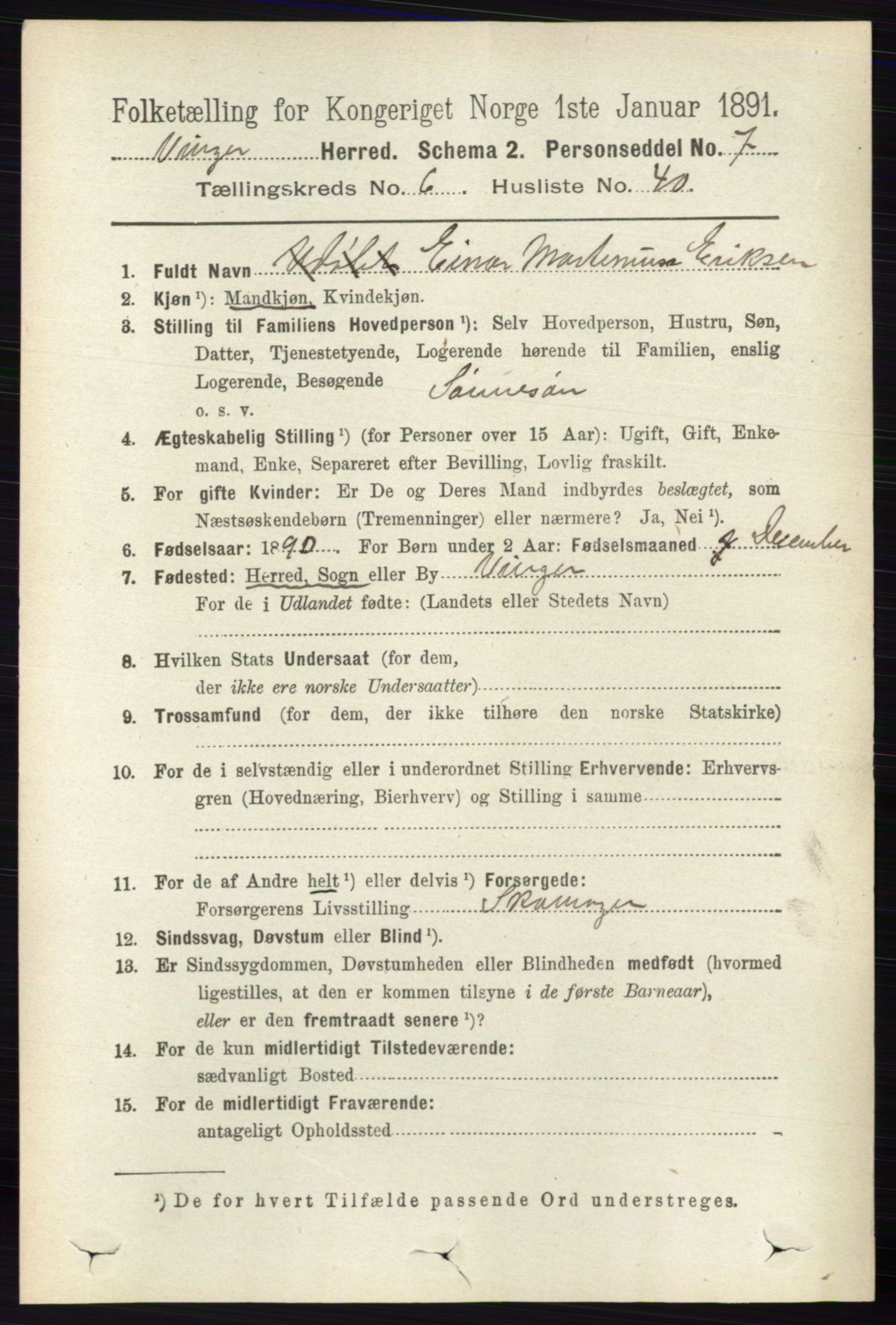 RA, 1891 census for 0421 Vinger, 1891, p. 2837