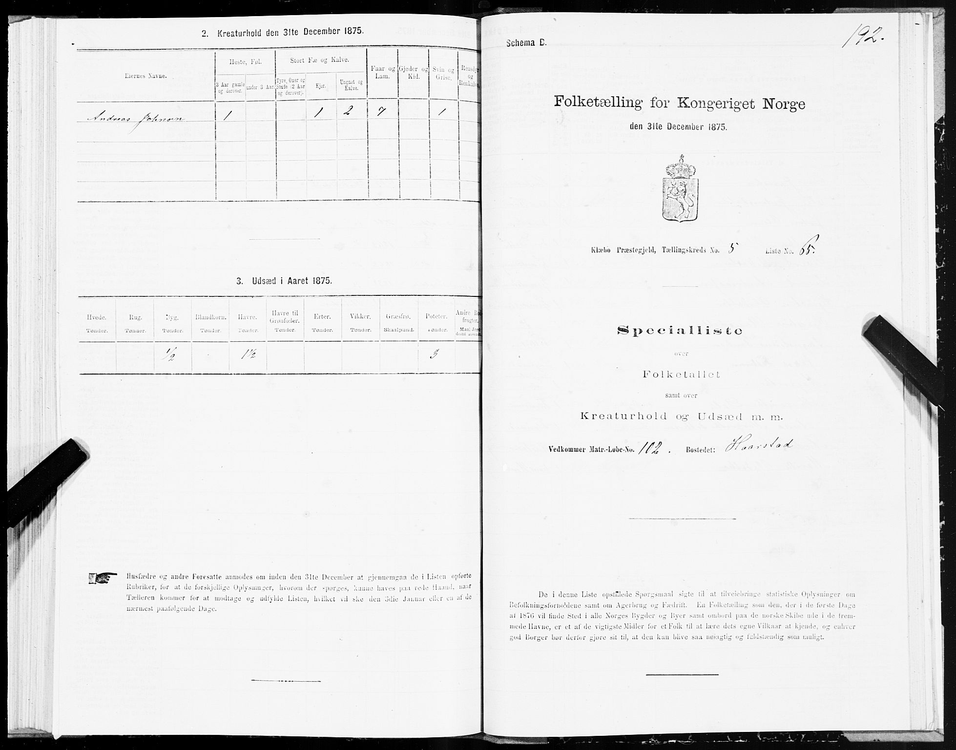 SAT, 1875 census for 1662P Klæbu, 1875, p. 2192