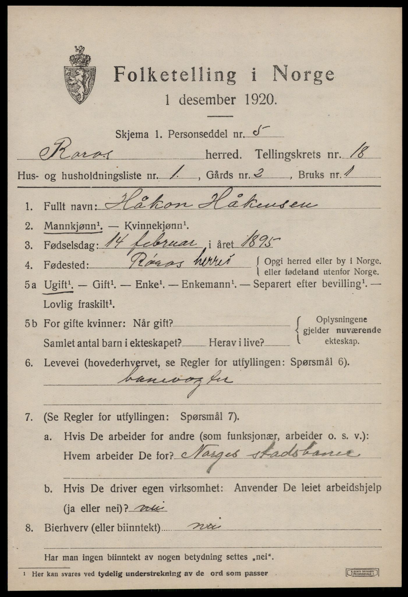 SAT, 1920 census for Røros, 1920, p. 12252