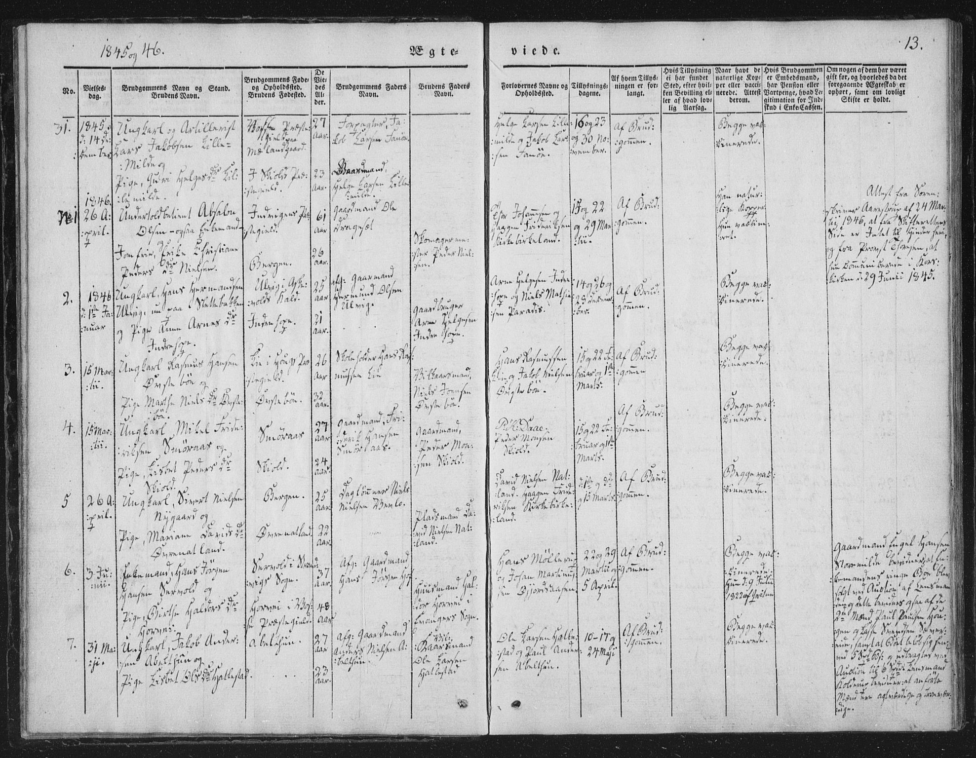 Fana Sokneprestembete, SAB/A-75101/H/Haa/Haaa/L0010: Parish register (official) no. A 10, 1841-1851, p. 13
