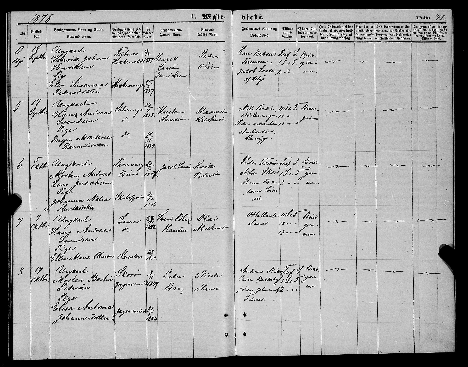 Karlsøy sokneprestembete, AV/SATØ-S-1299/H/Ha/Haa/L0005kirke: Parish register (official) no. 5, 1872-1878, p. 142
