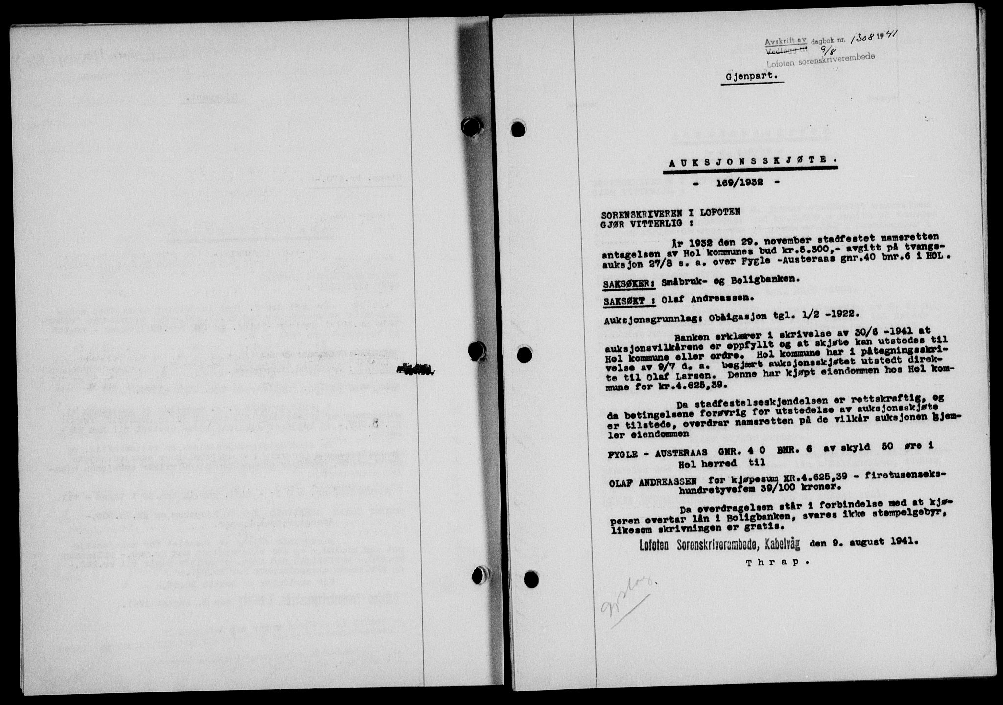 Lofoten sorenskriveri, SAT/A-0017/1/2/2C/L0008a: Mortgage book no. 8a, 1940-1941, Diary no: : 1308/1941