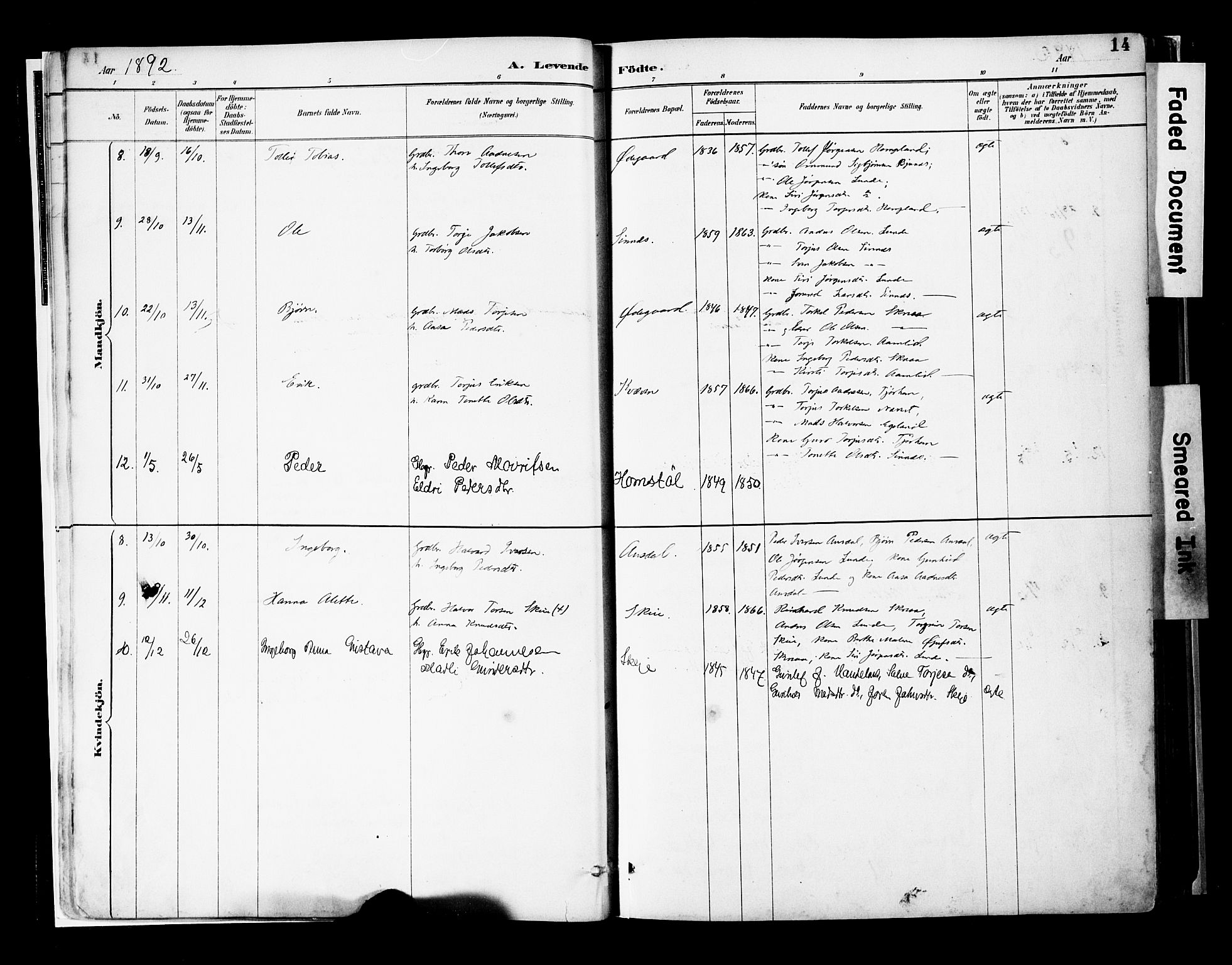 Sirdal sokneprestkontor, AV/SAK-1111-0036/F/Fa/Faa/L0001: Parish register (official) no. A 1, 1887-1910, p. 14