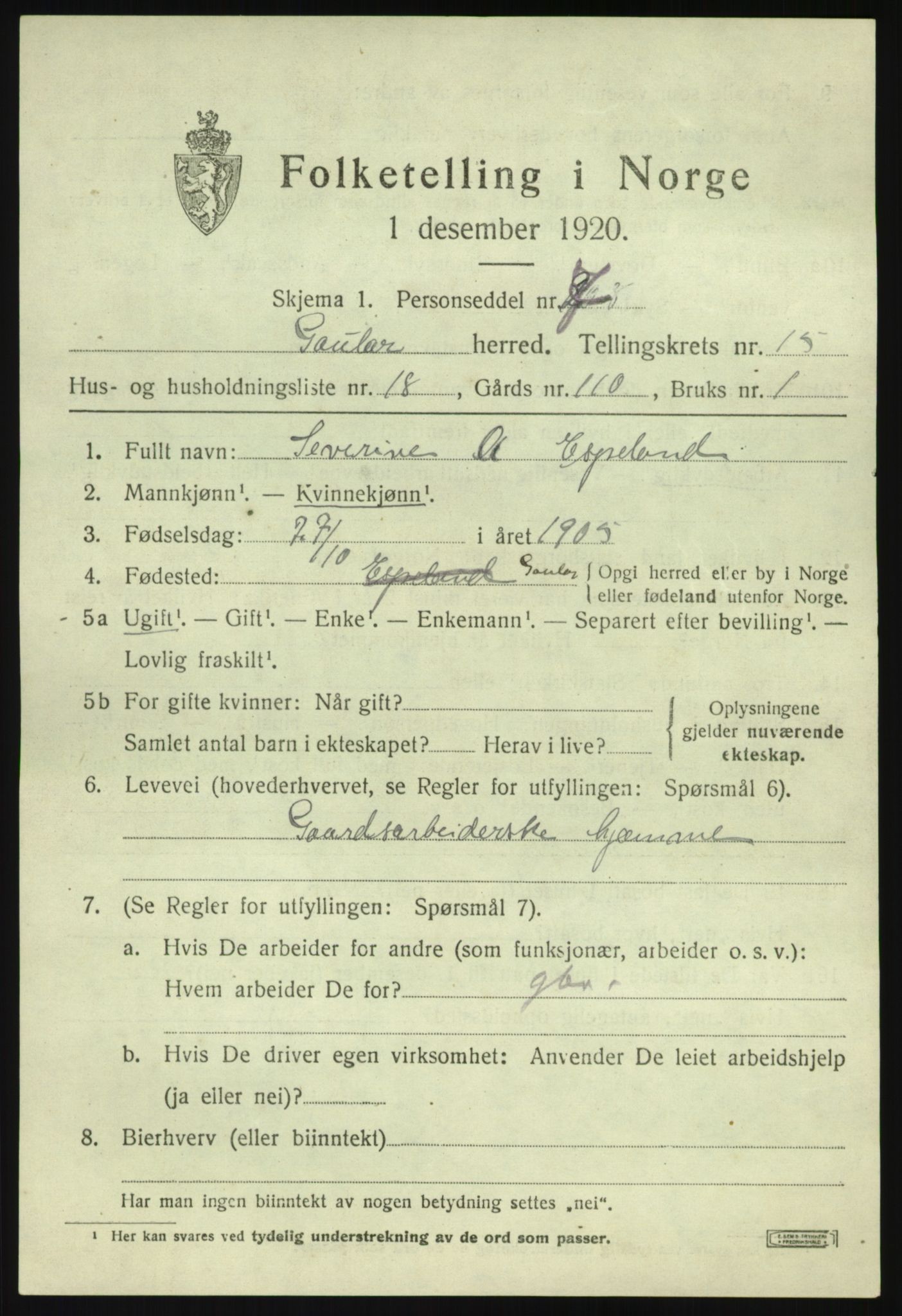 SAB, 1920 census for Gaular, 1920, p. 6892