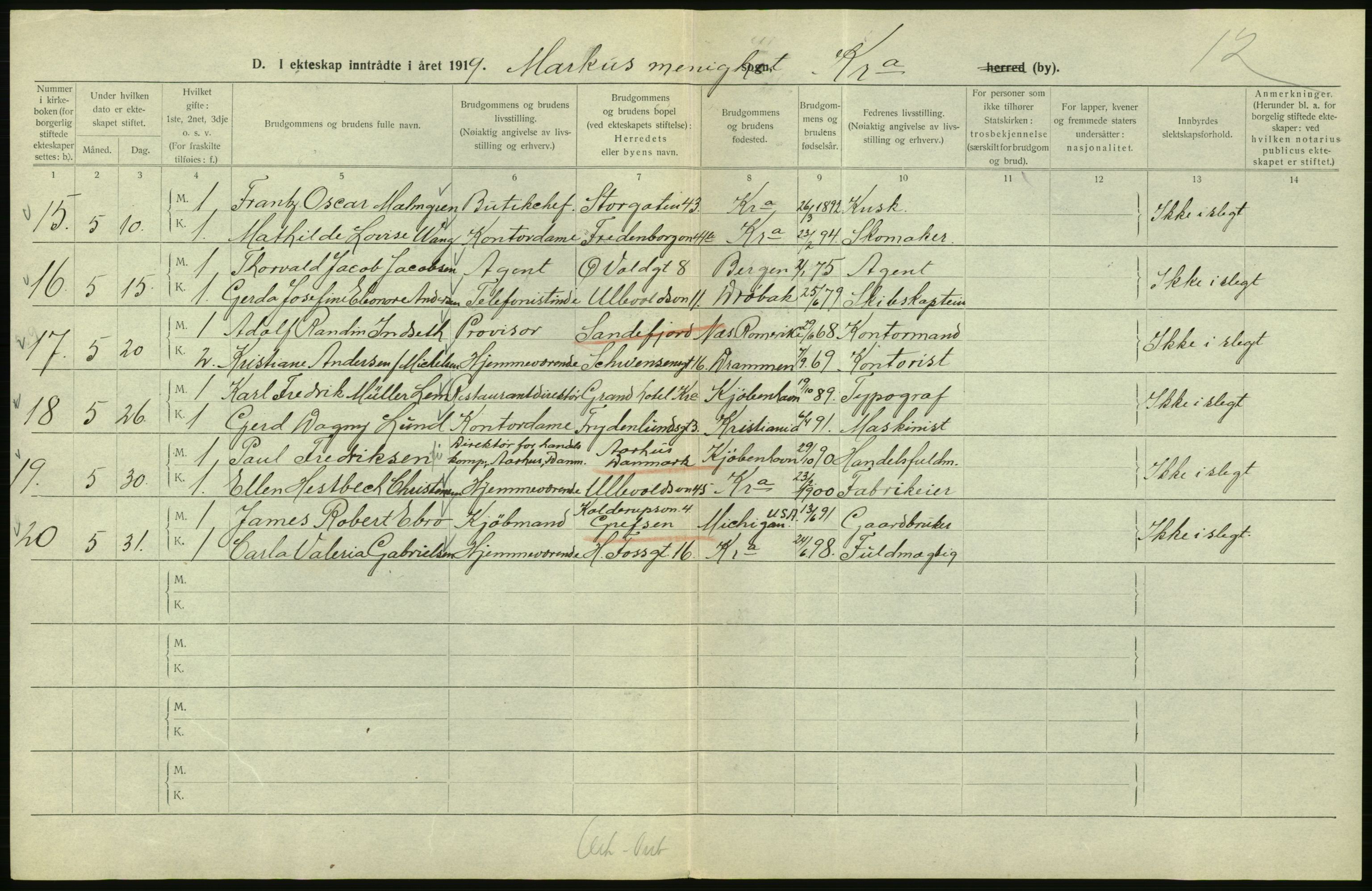 Statistisk sentralbyrå, Sosiodemografiske emner, Befolkning, AV/RA-S-2228/D/Df/Dfb/Dfbi/L0009: Kristiania: Gifte, 1919, p. 334