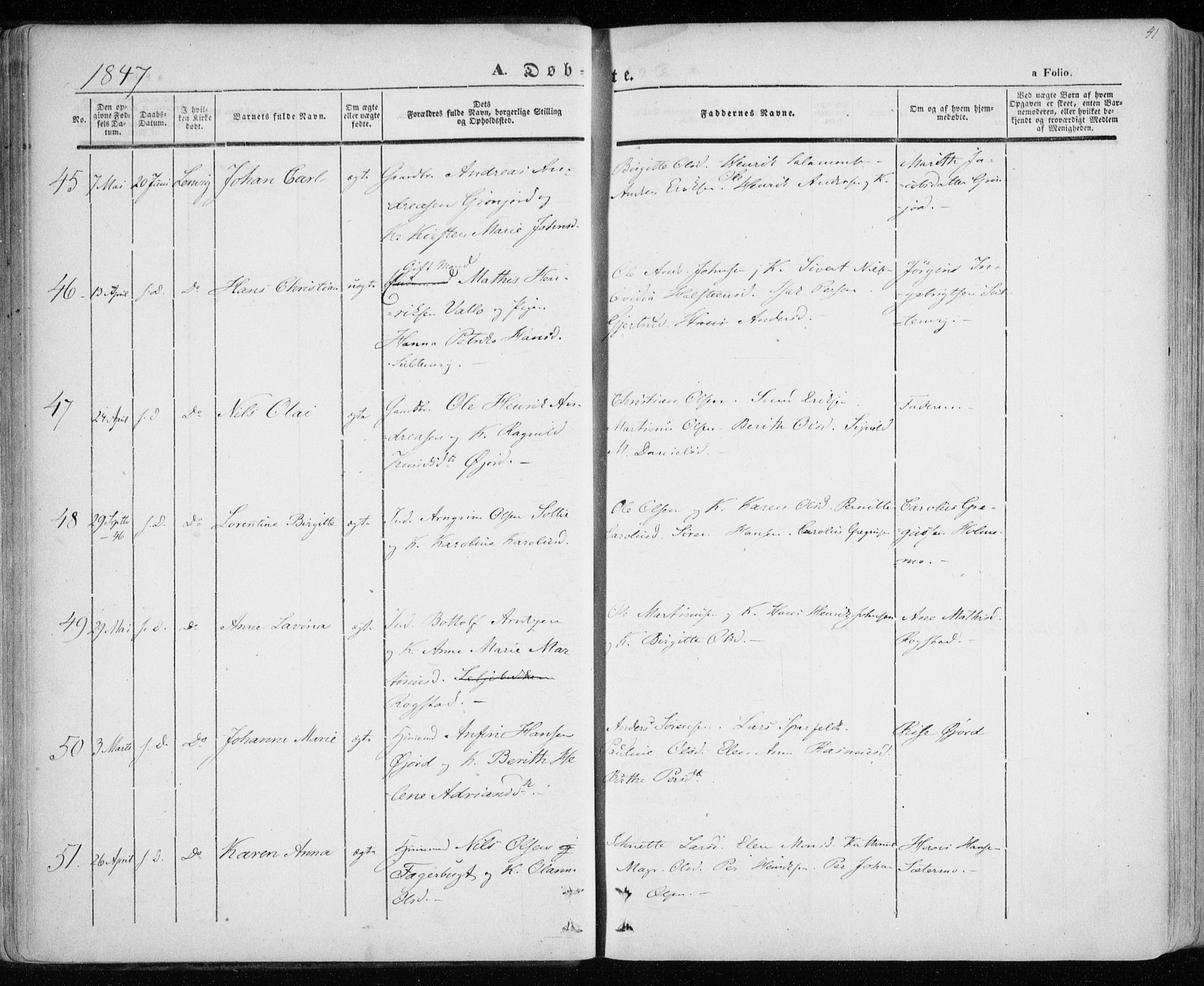 Lenvik sokneprestembete, SATØ/S-1310/H/Ha/Haa/L0006kirke: Parish register (official) no. 6, 1845-1854, p. 41