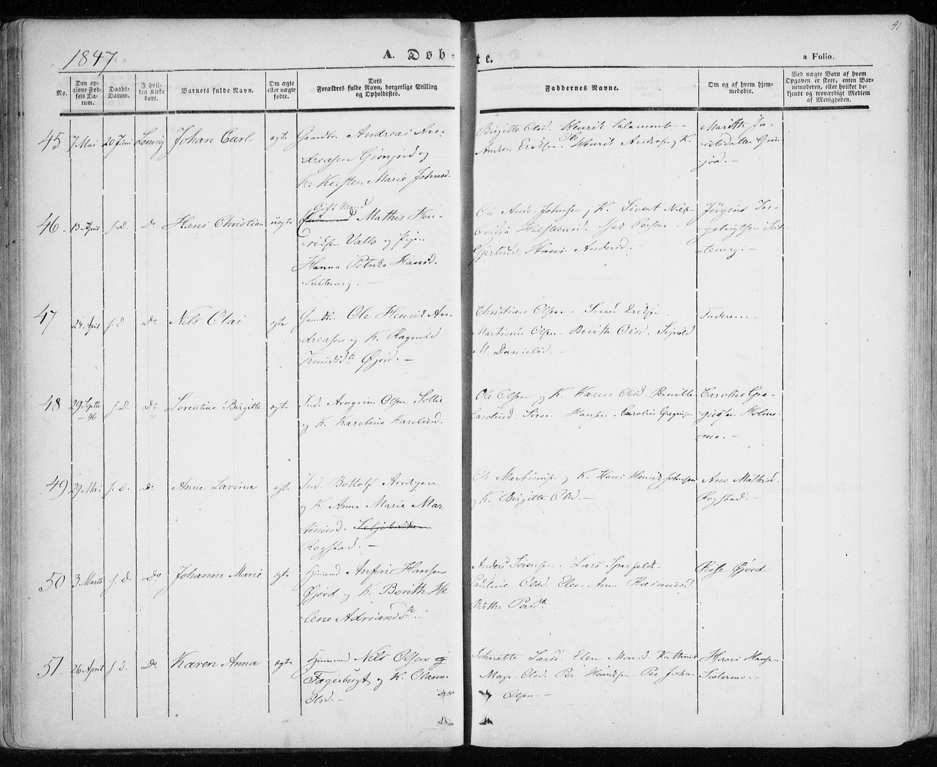 Lenvik sokneprestembete, AV/SATØ-S-1310/H/Ha/Haa/L0006kirke: Parish register (official) no. 6, 1845-1854, p. 41