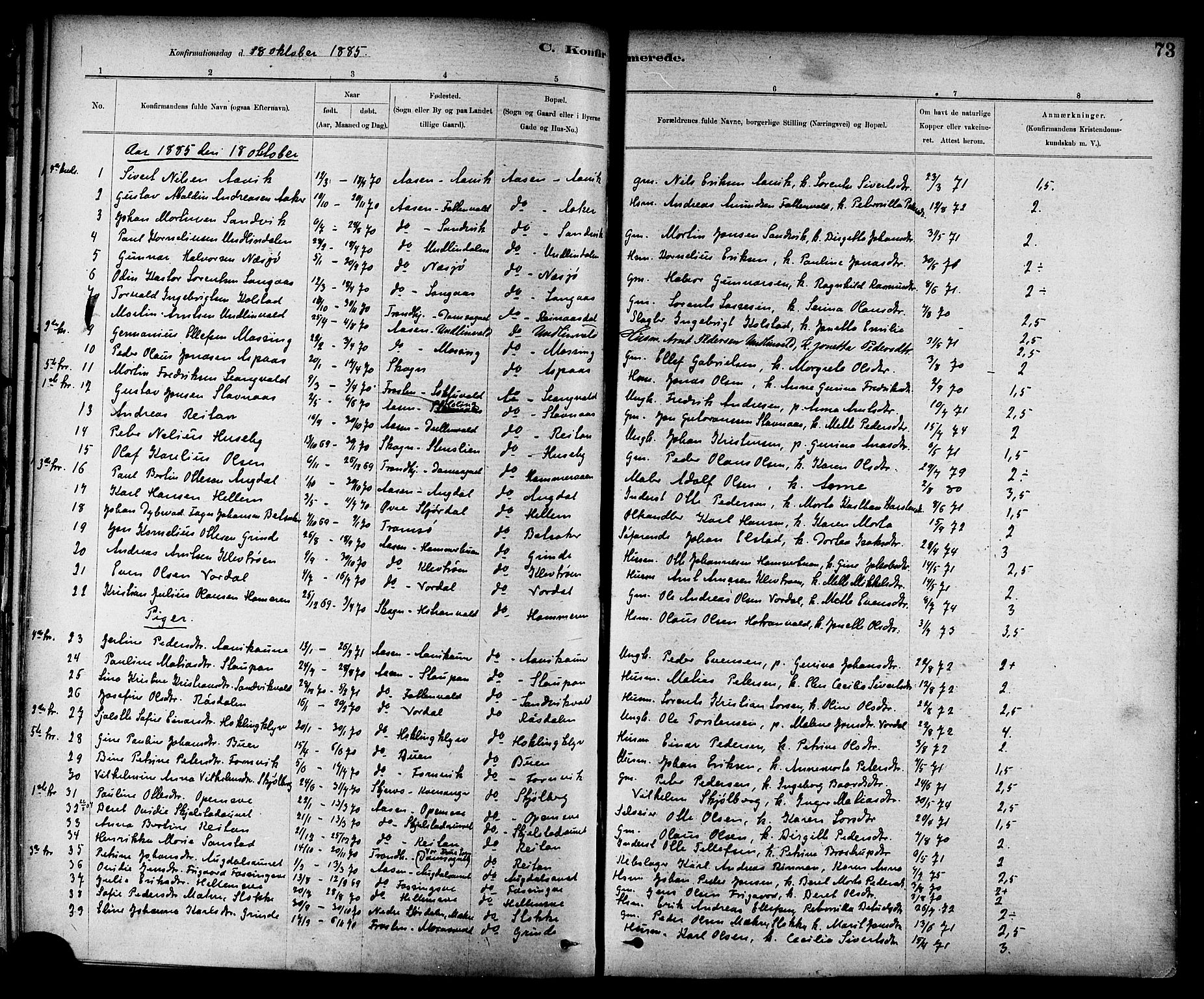 Ministerialprotokoller, klokkerbøker og fødselsregistre - Nord-Trøndelag, AV/SAT-A-1458/714/L0130: Parish register (official) no. 714A01, 1878-1895, p. 73