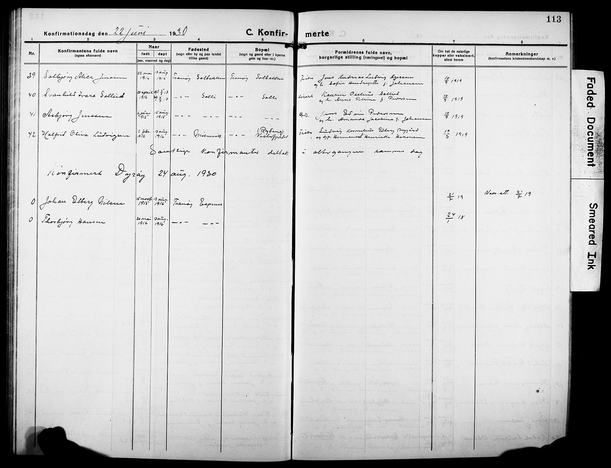 Tranøy sokneprestkontor, SATØ/S-1313/I/Ia/Iab/L0006klokker: Parish register (copy) no. 6, 1919-1932, p. 113