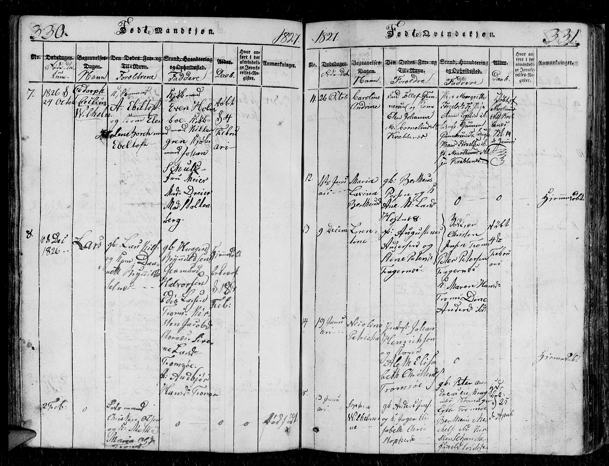 Tromsø sokneprestkontor/stiftsprosti/domprosti, SATØ/S-1343/G/Gb/L0001klokker: Parish register (copy) no. 1, 1821-1833, p. 330-331