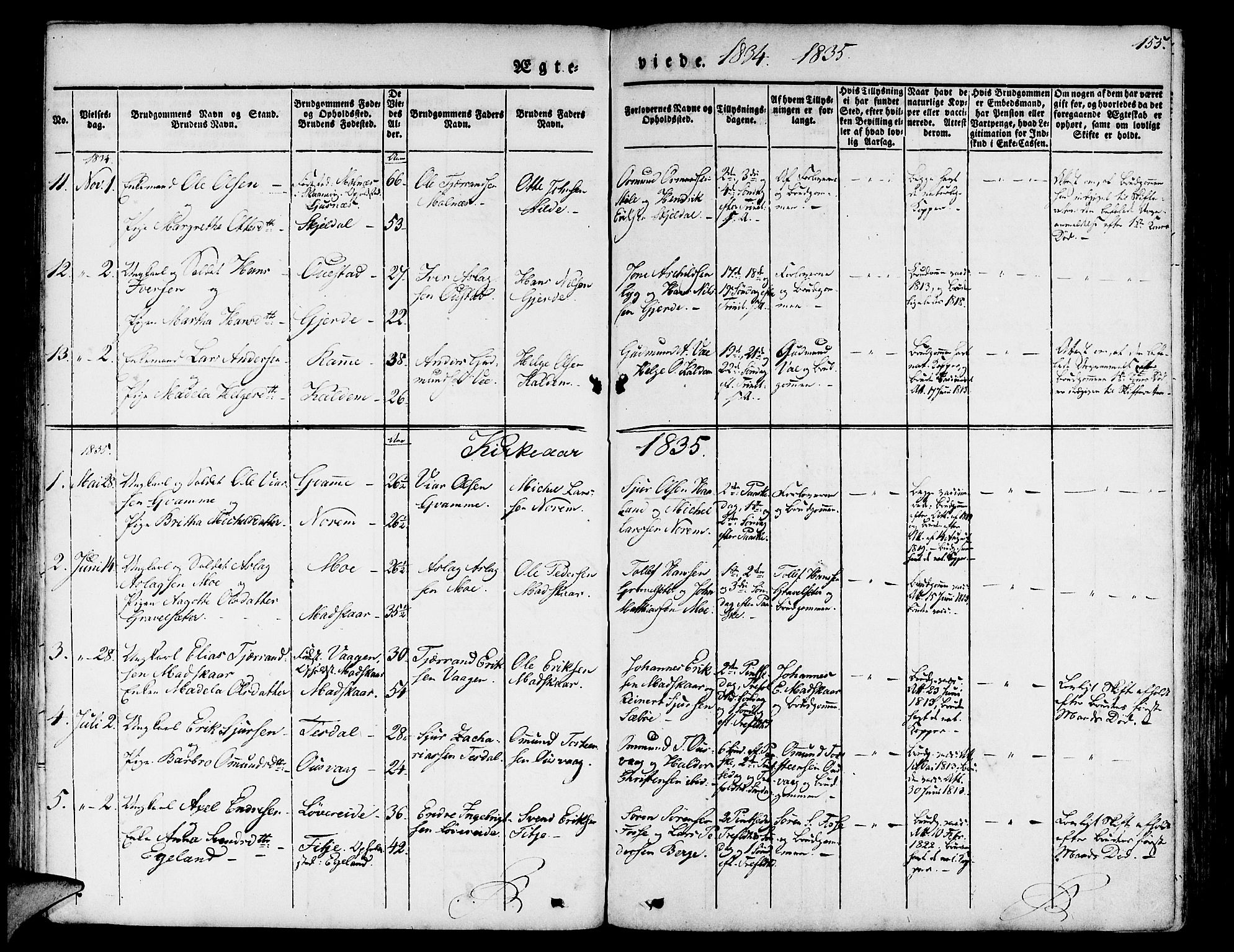 Etne sokneprestembete, SAB/A-75001/H/Haa: Parish register (official) no. A 7, 1831-1847, p. 155