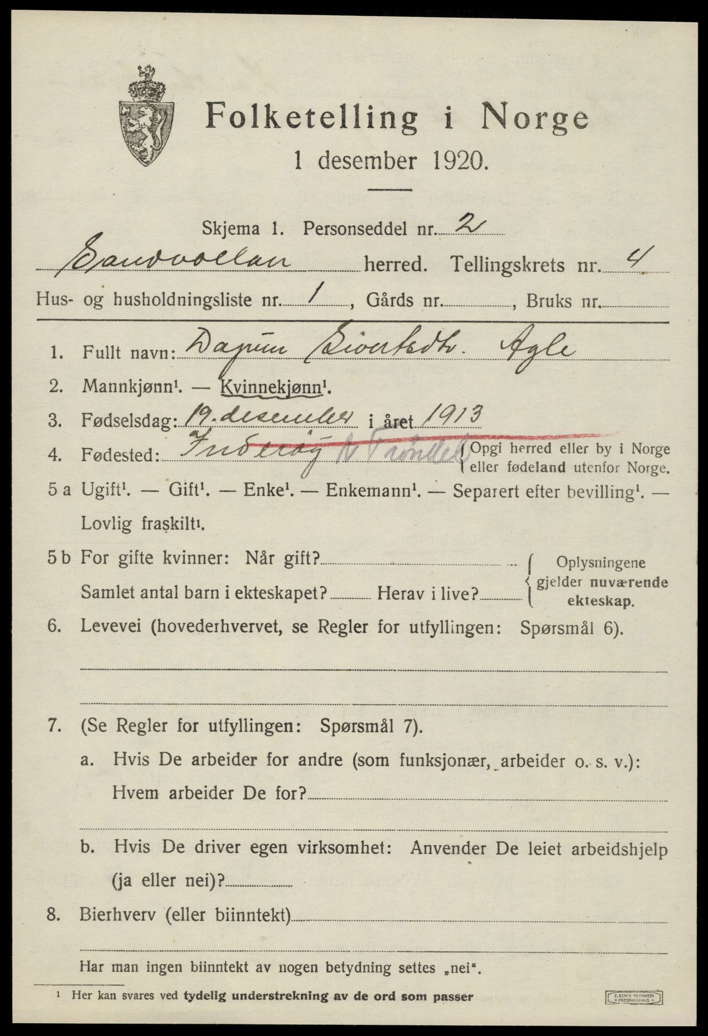 SAT, 1920 census for Sandvollan, 1920, p. 1479