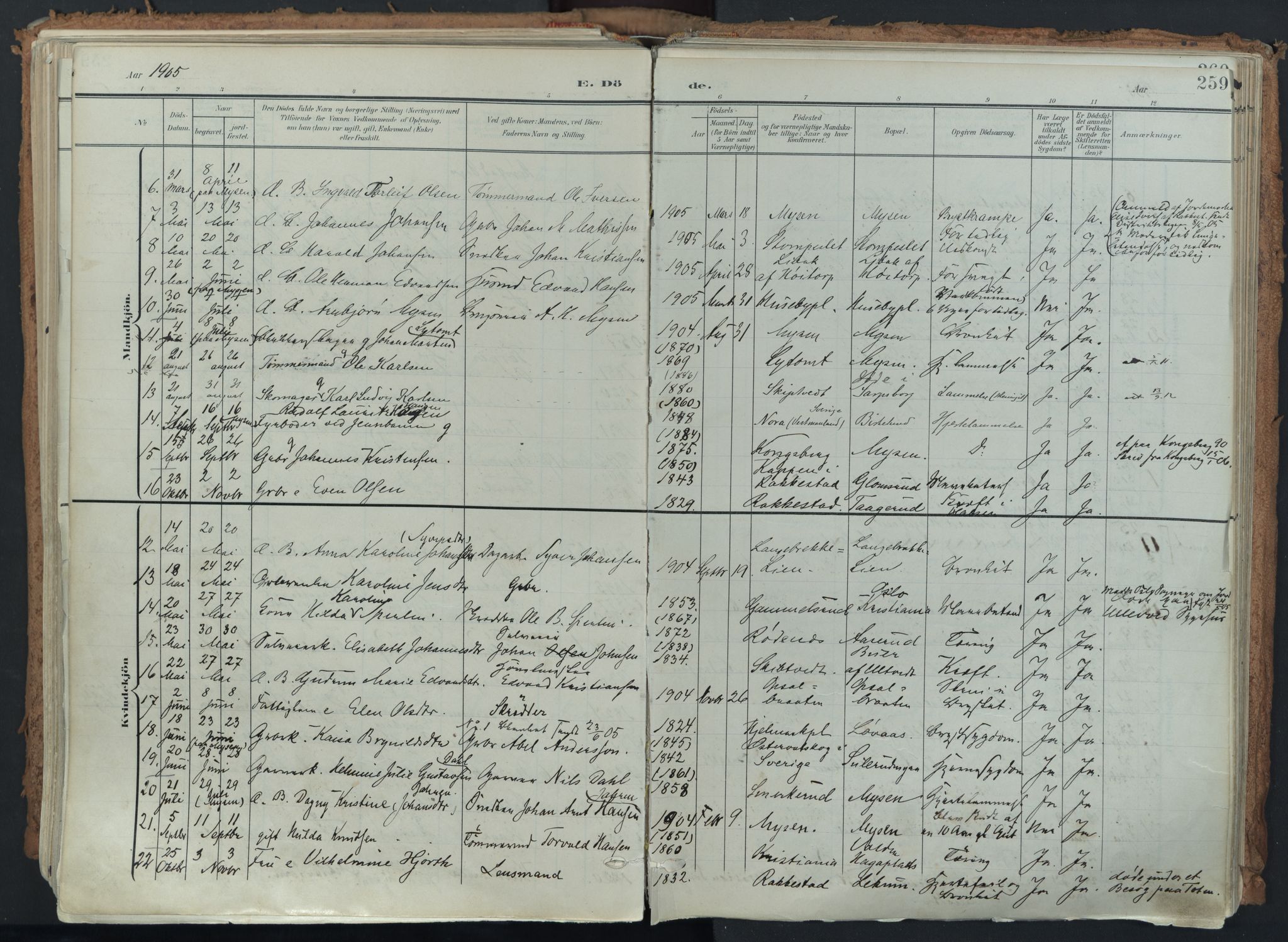 Eidsberg prestekontor Kirkebøker, AV/SAO-A-10905/F/Fa/L0014: Parish register (official) no. I 14, 1902-1919, p. 259